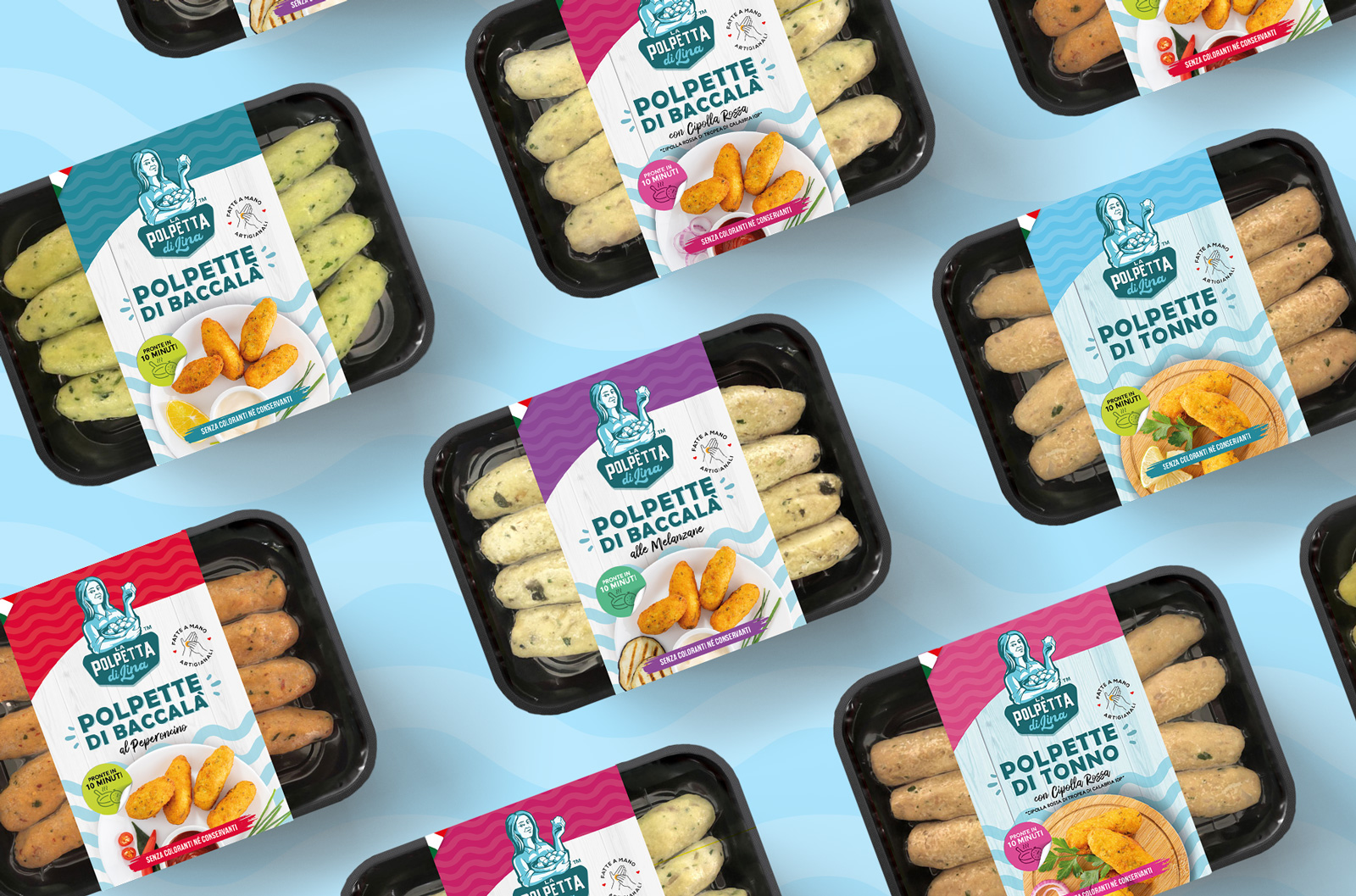 意大利莉娜魚丸包裝設(shè)計，藝術(shù)人物;logo+明亮配色