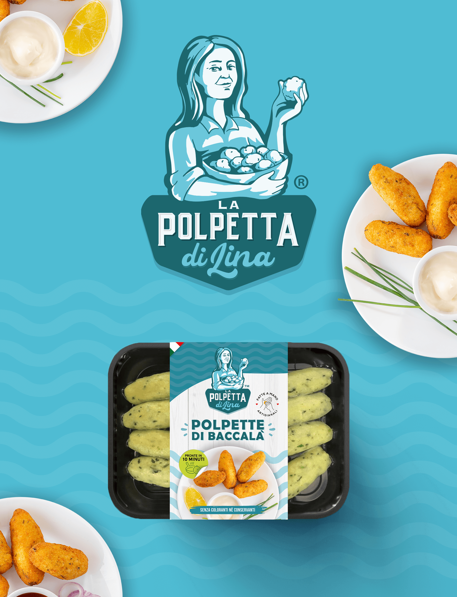 意大利莉娜魚丸包裝設計，藝術人物;logo+明亮配色