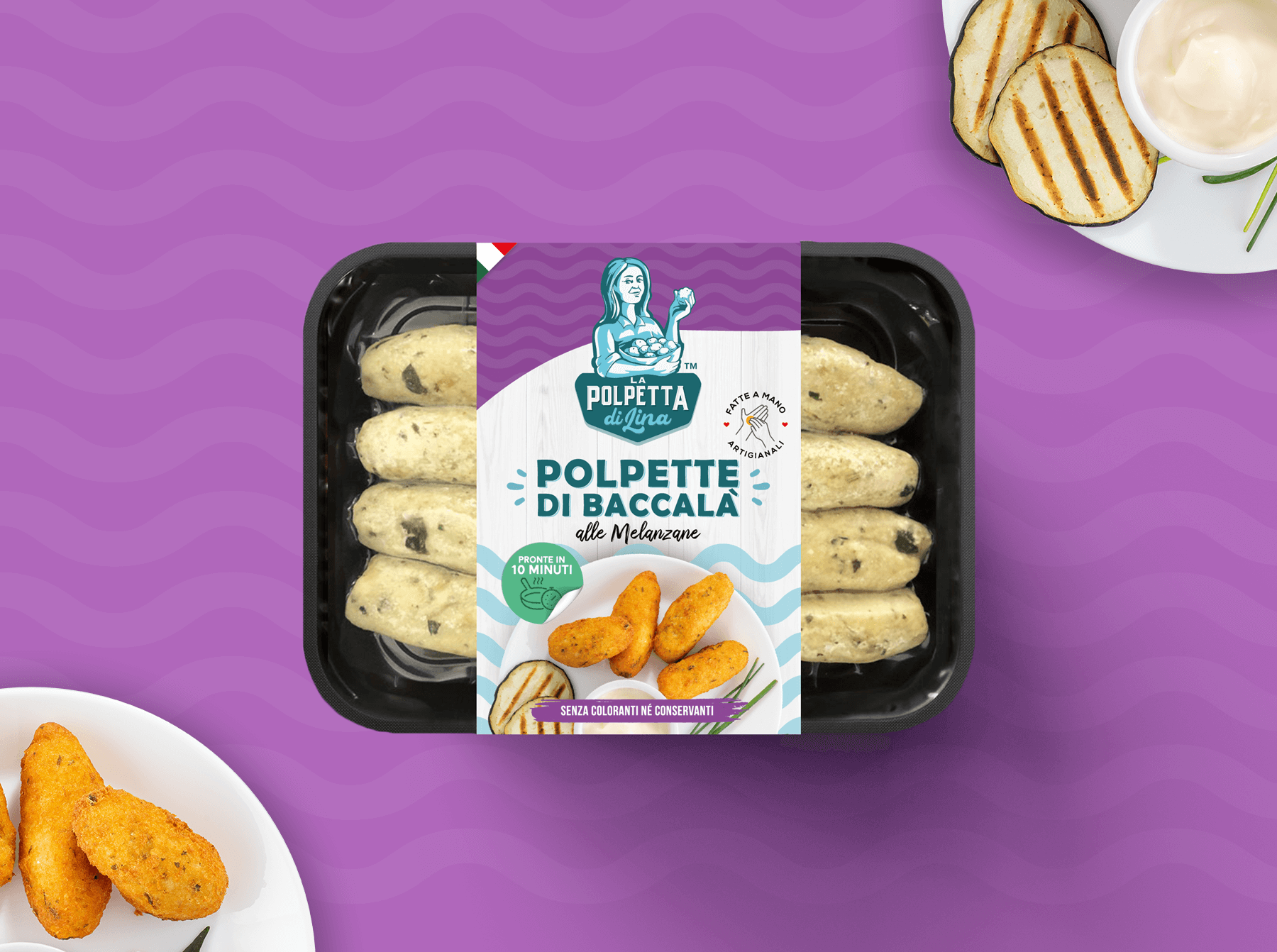 意大利莉娜魚丸包裝設計，藝術人物;logo+明亮配色