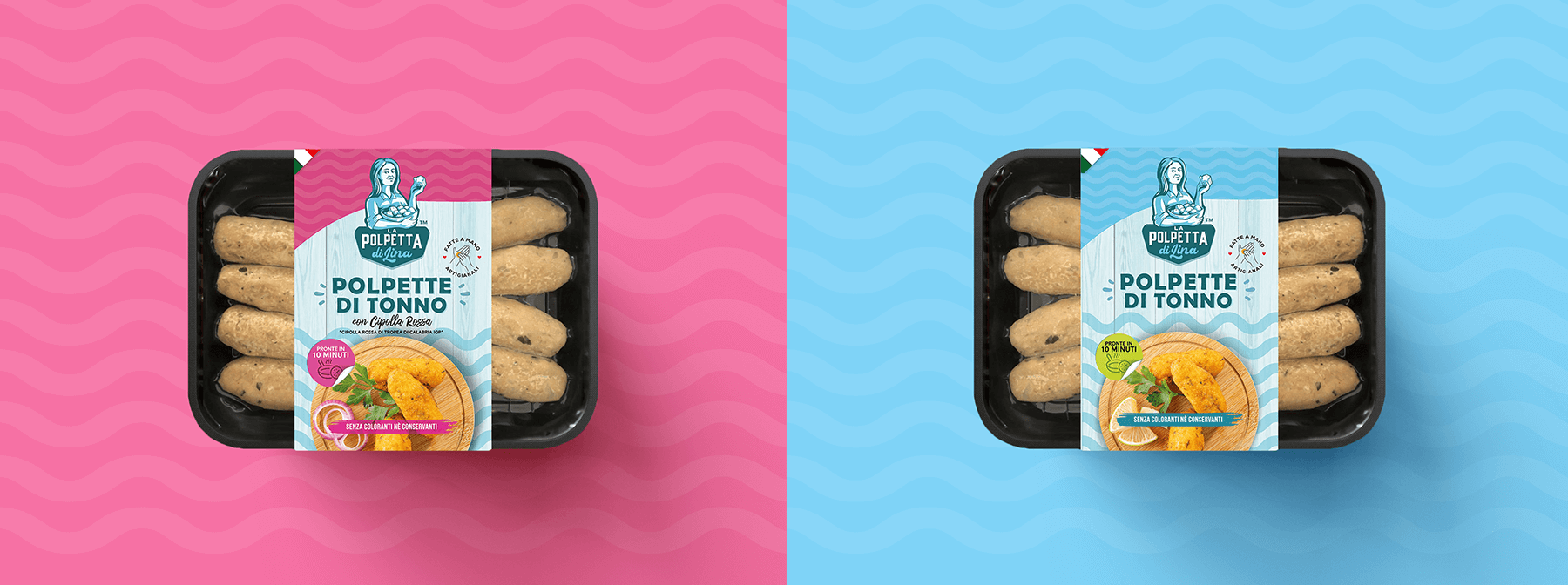 意大利莉娜魚丸包裝設計，藝術人物;logo+明亮配色
