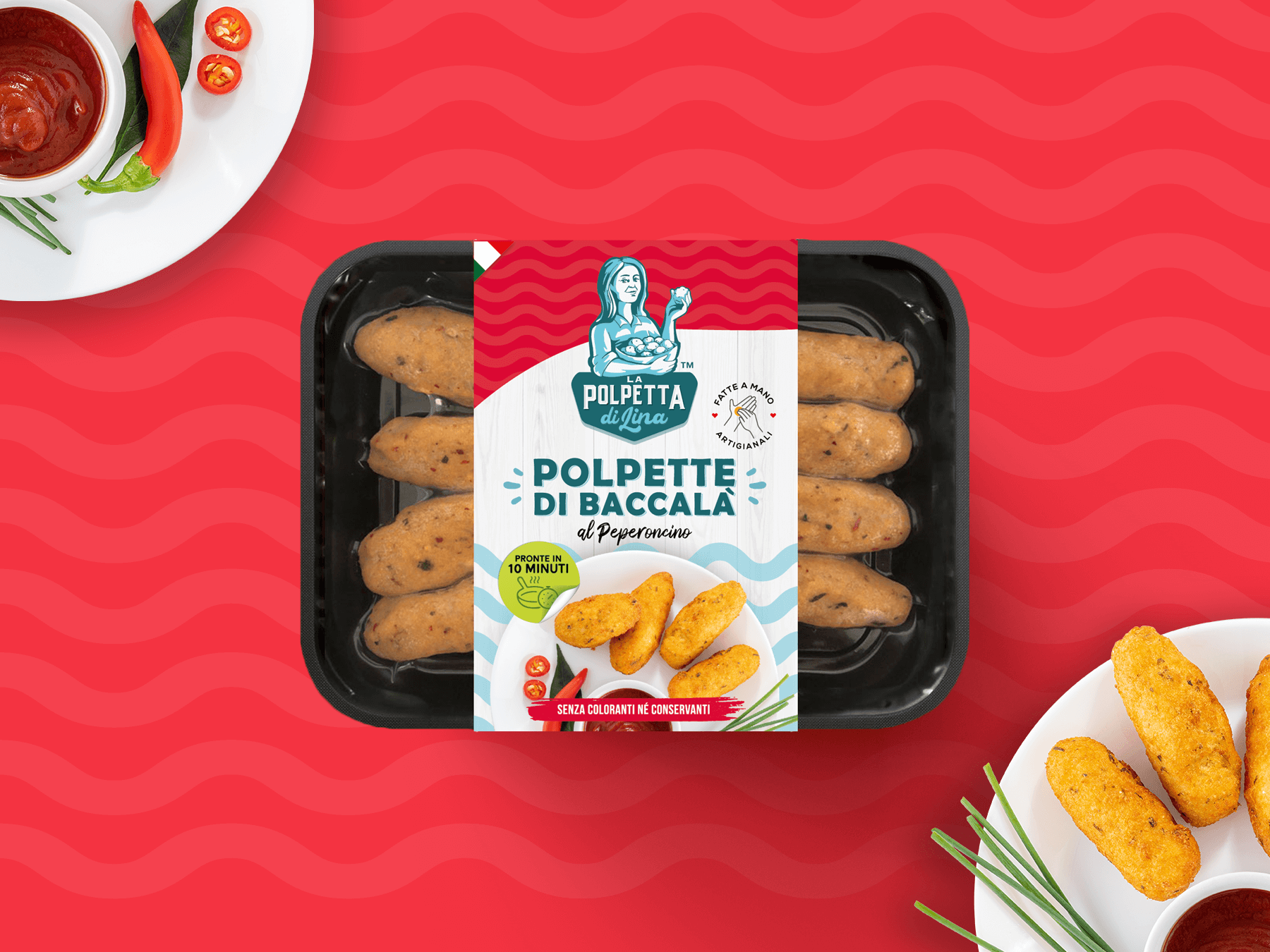 意大利莉娜魚丸包裝設計，藝術人物;logo+明亮配色