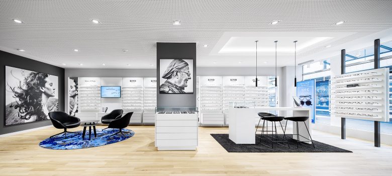 KIND 光學(xué)眼鏡和聲學(xué)聽力產(chǎn)品專賣店店鋪空間si設(shè)計，黑白輕松風(fēng)格