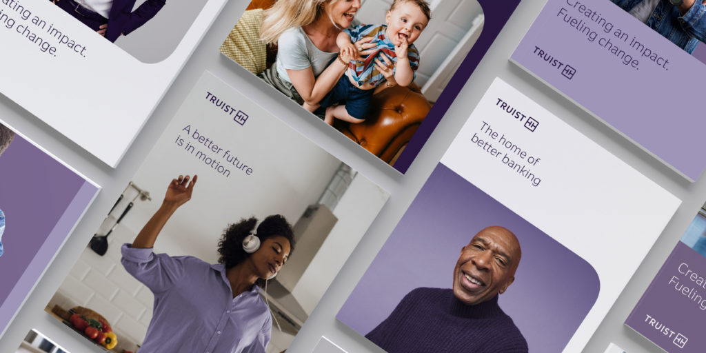 Truist 銀行金融品牌創(chuàng)建品牌命名logo設(shè)計(jì)vi設(shè)計(jì)，兩個(gè)字母T+圓角方形版式