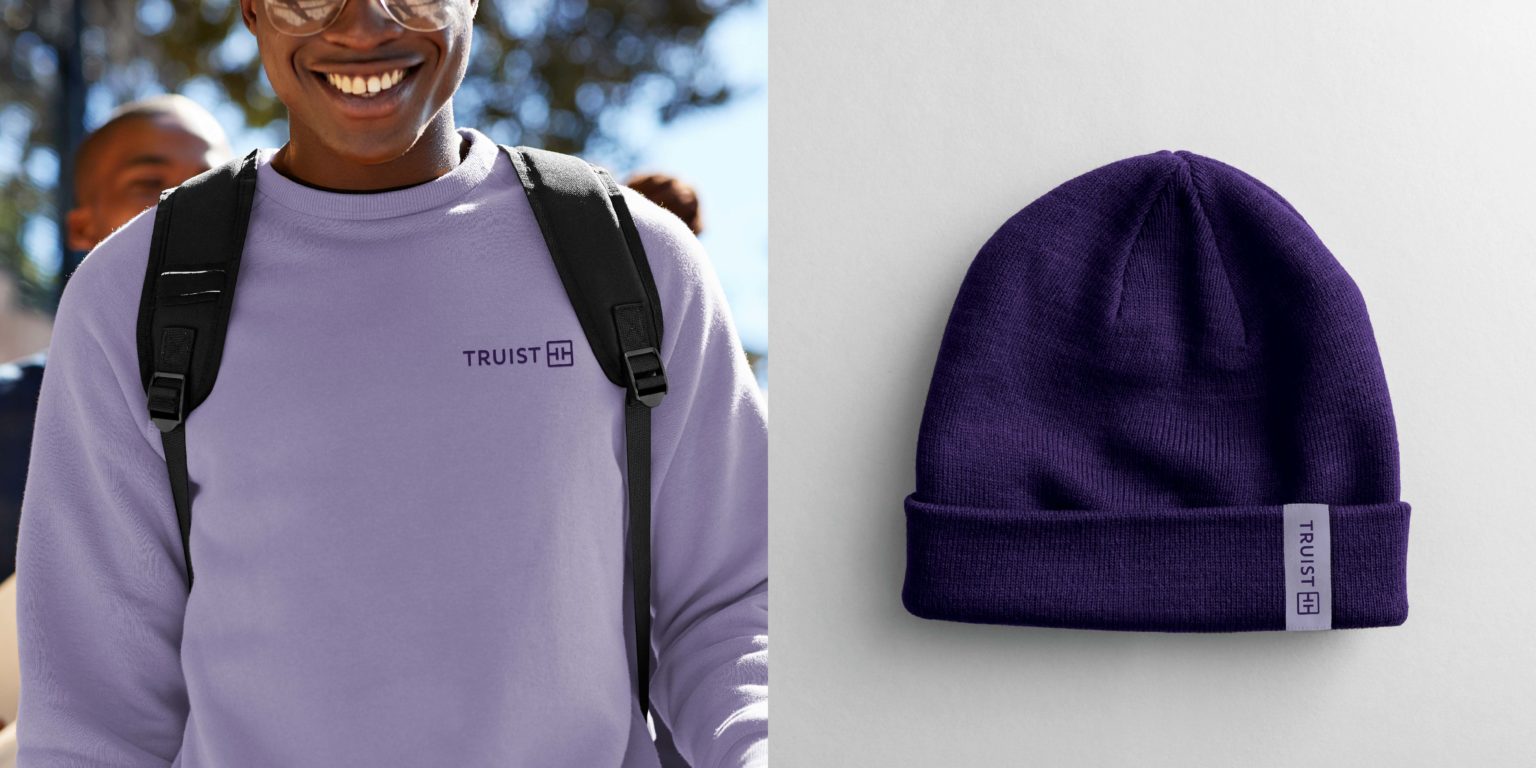 Truist 銀行金融品牌創(chuàng)建品牌命名logo設(shè)計(jì)vi設(shè)計(jì)，兩個(gè)字母T+圓角方形版式