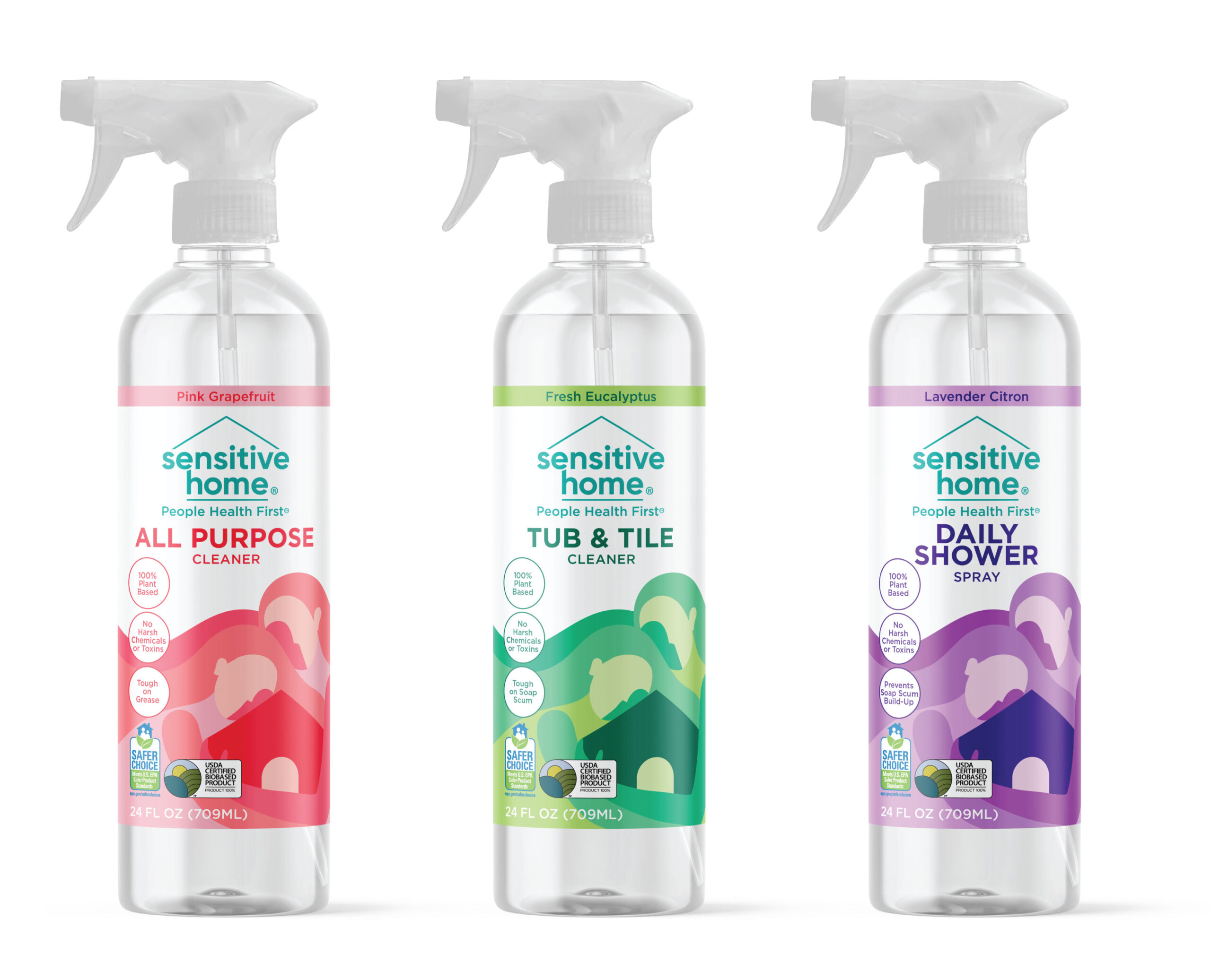 Sensitive Home敏感家居家用清潔劑洗衣液洗碗液logo設(shè)計(jì)包裝設(shè)計(jì)，兩個(gè)長(zhǎng)發(fā)女人擁抱房子插畫(huà)