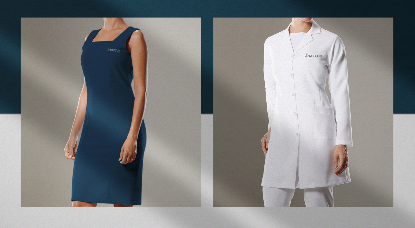 Medclin 高端醫(yī)療體檢醫(yī)院logo設(shè)計(jì)vi設(shè)計(jì)，藍(lán)金尊貴體驗(yàn)氛圍