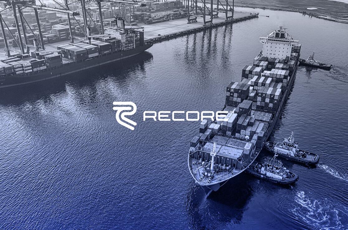 Recore 航運(yùn)貨運(yùn)物流公司logo設(shè)計(jì)vi設(shè)計(jì)，雙線條“R”字母與藍(lán)灰配色