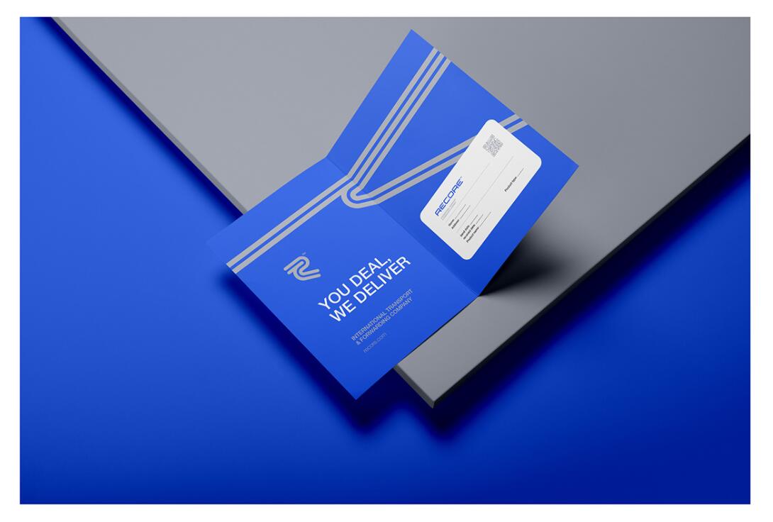 Recore 航運(yùn)公司logo設(shè)計(jì)vi設(shè)計(jì)，雙線條“R”字母與藍(lán)灰配色