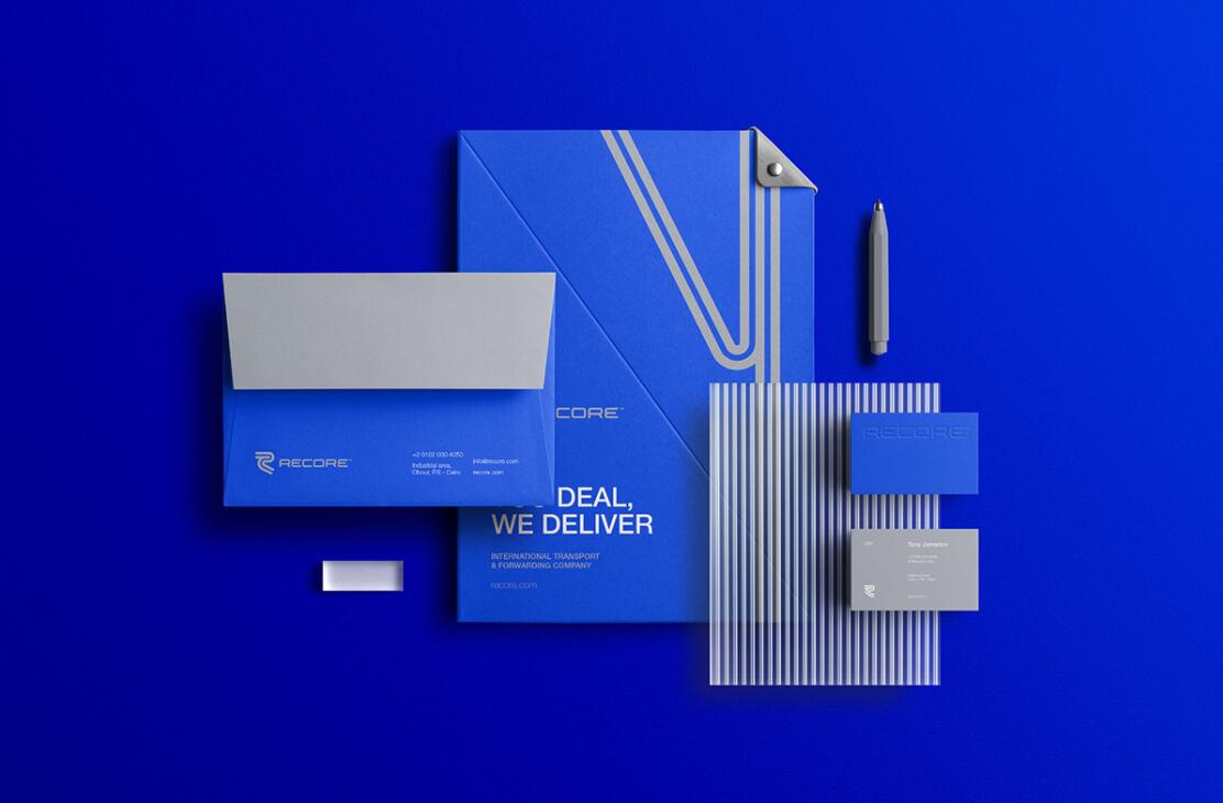 Recore 航運(yùn)貨運(yùn)物流公司logo設(shè)計(jì)vi設(shè)計(jì)，雙線條“R”字母與藍(lán)灰配色