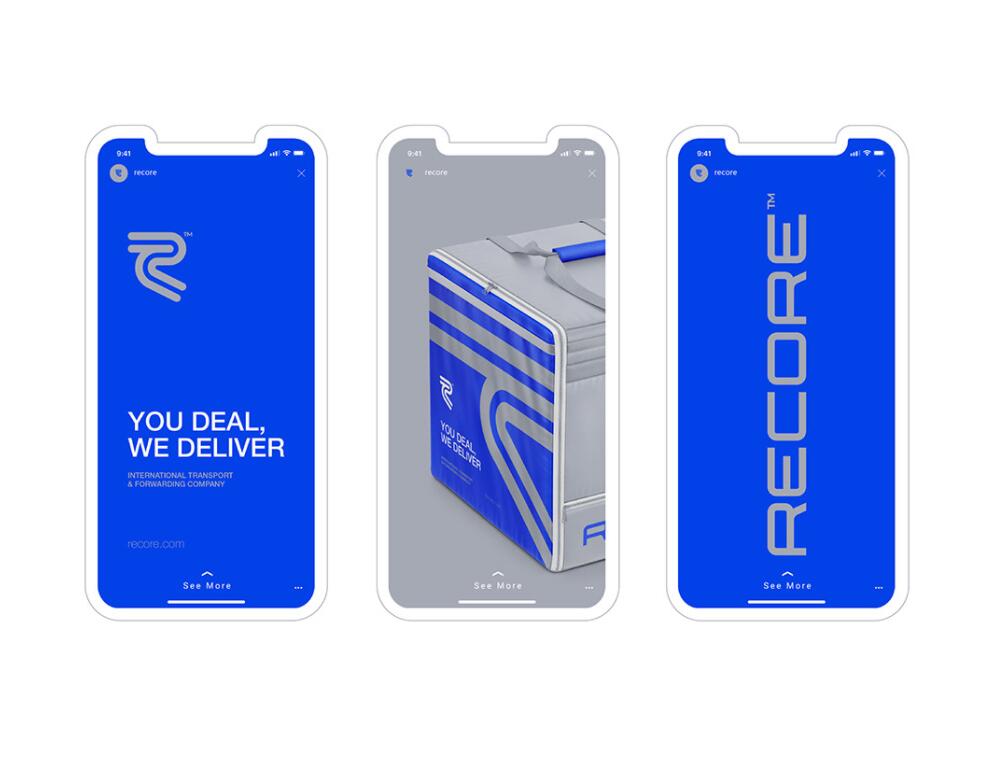 Recore 航運(yùn)貨運(yùn)物流公司logo設(shè)計(jì)vi設(shè)計(jì)，雙線條“R”字母與藍(lán)灰配色