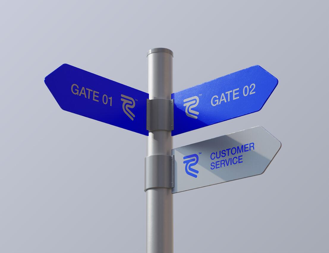 Recore 航運(yùn)貨運(yùn)物流公司logo設(shè)計(jì)vi設(shè)計(jì)，雙線條“R”字母與藍(lán)灰配色