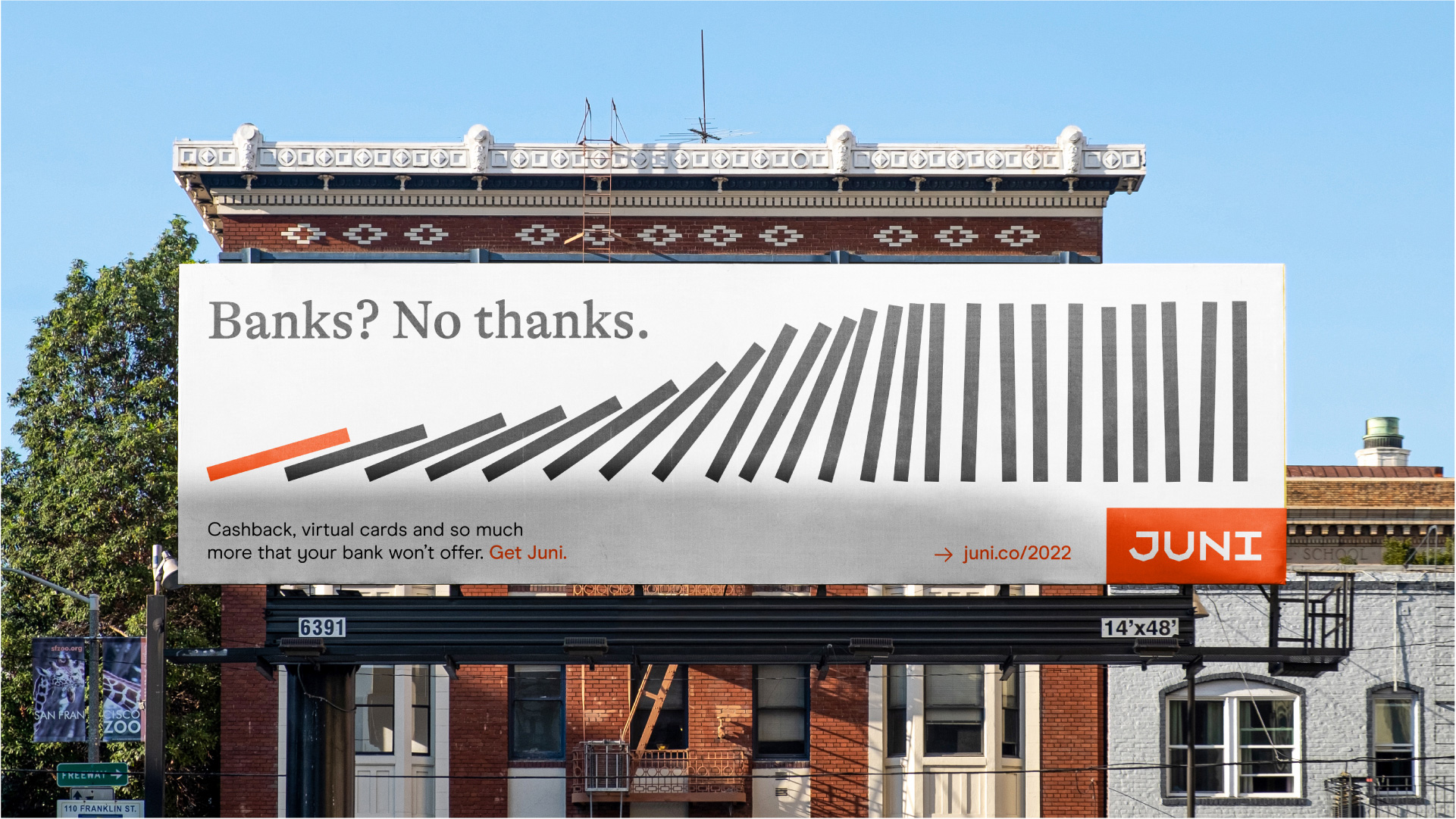 Juni金融科技初創(chuàng)公司logo設計品牌形象vi設計,源自多米諾骨牌粗線條色塊核心視覺-戶外廣告