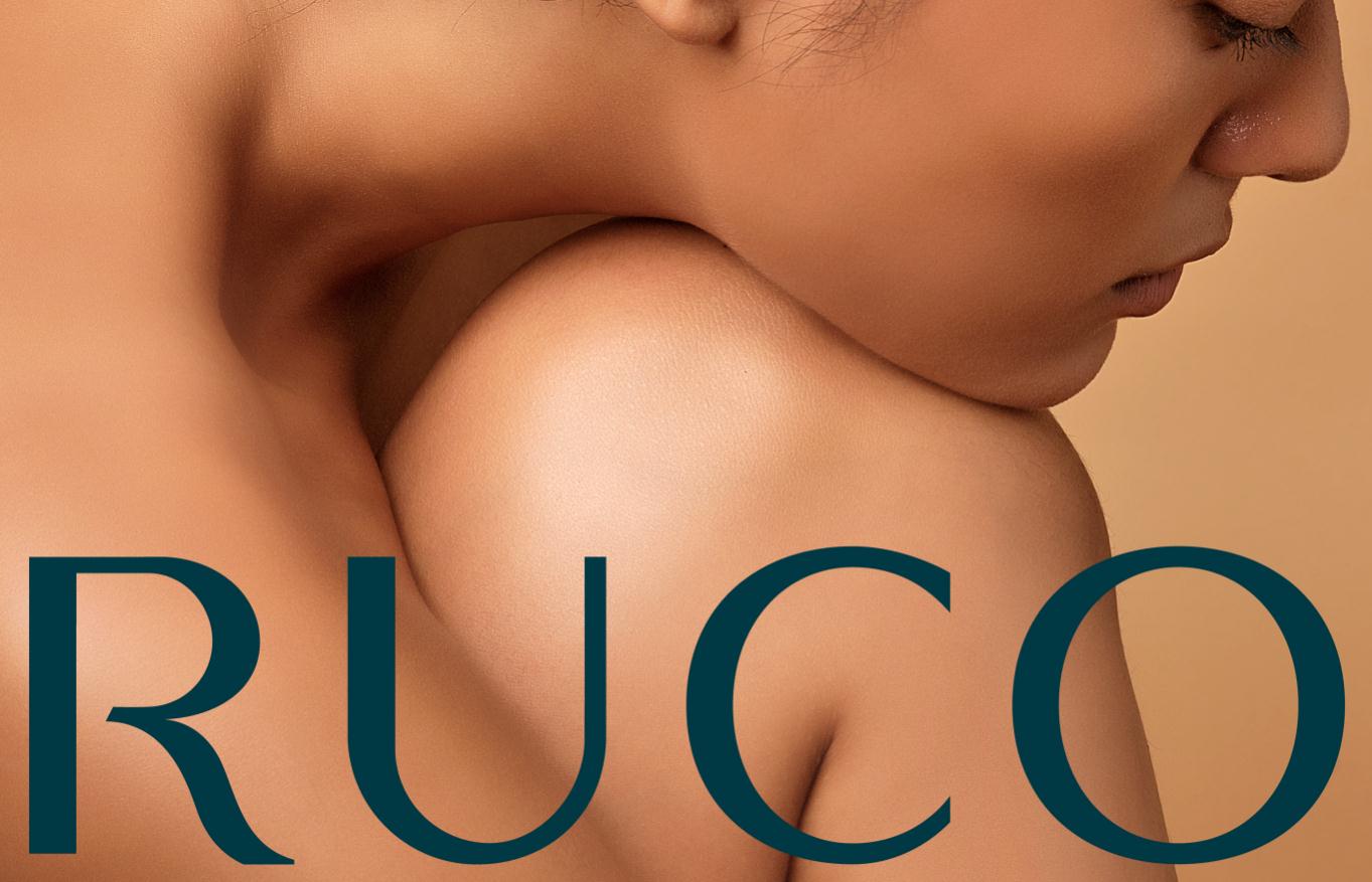 Ruco非手術(shù)美容與皮膚護(hù)理醫(yī)療logo設(shè)計vi設(shè)計。青黑色金色奢侈風(fēng)與循環(huán)交叉線條