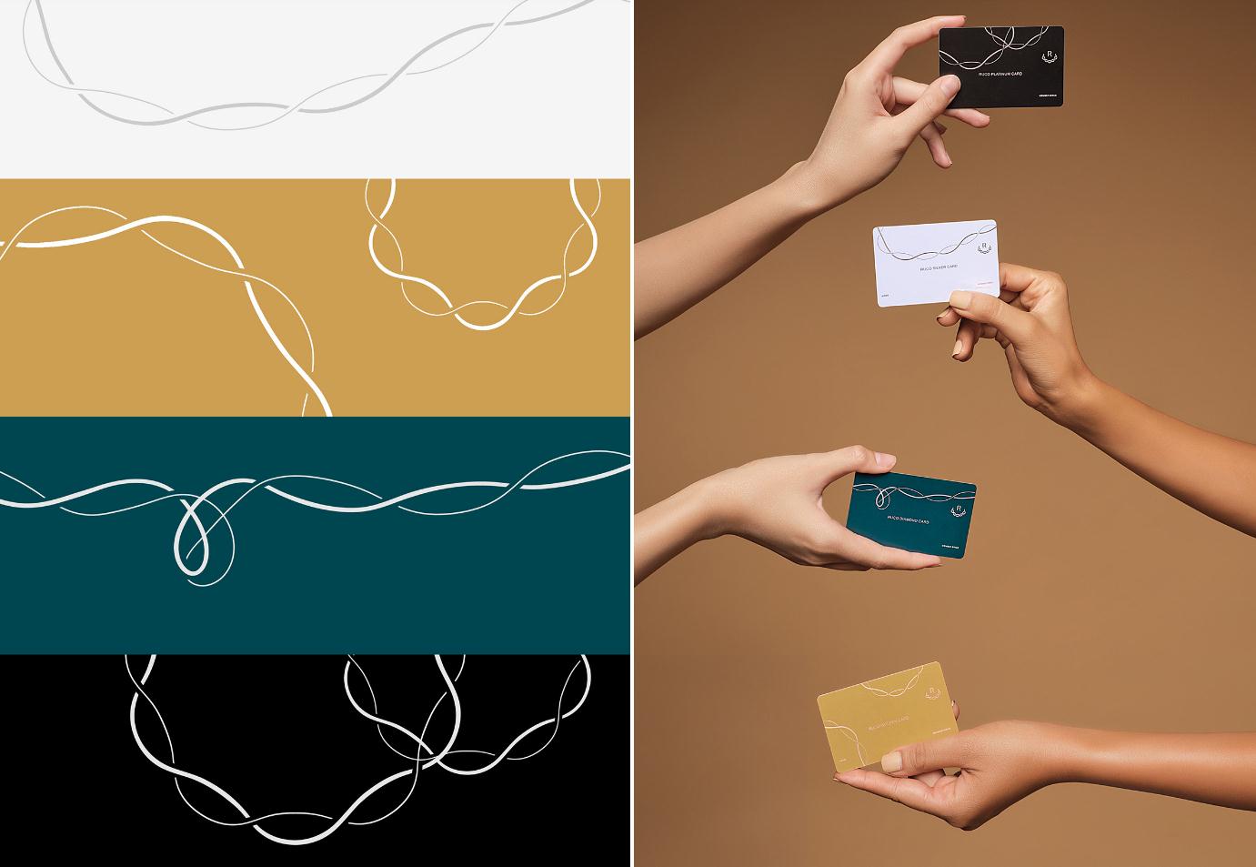 Ruco非手術(shù)美容與皮膚護(hù)理醫(yī)療logo設(shè)計vi設(shè)計。青黑色金色奢侈風(fēng)與循環(huán)交叉線條-主題視覺輔助圖形