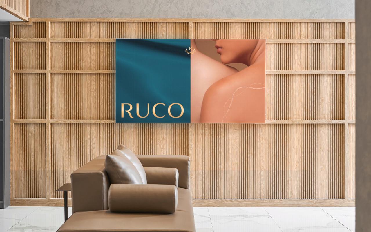 Ruco非手術(shù)美容與皮膚護(hù)理醫(yī)療logo設(shè)計vi設(shè)計。青黑色金色奢侈風(fēng)與循環(huán)交叉線條-醫(yī)療中心內(nèi)部空間設(shè)計