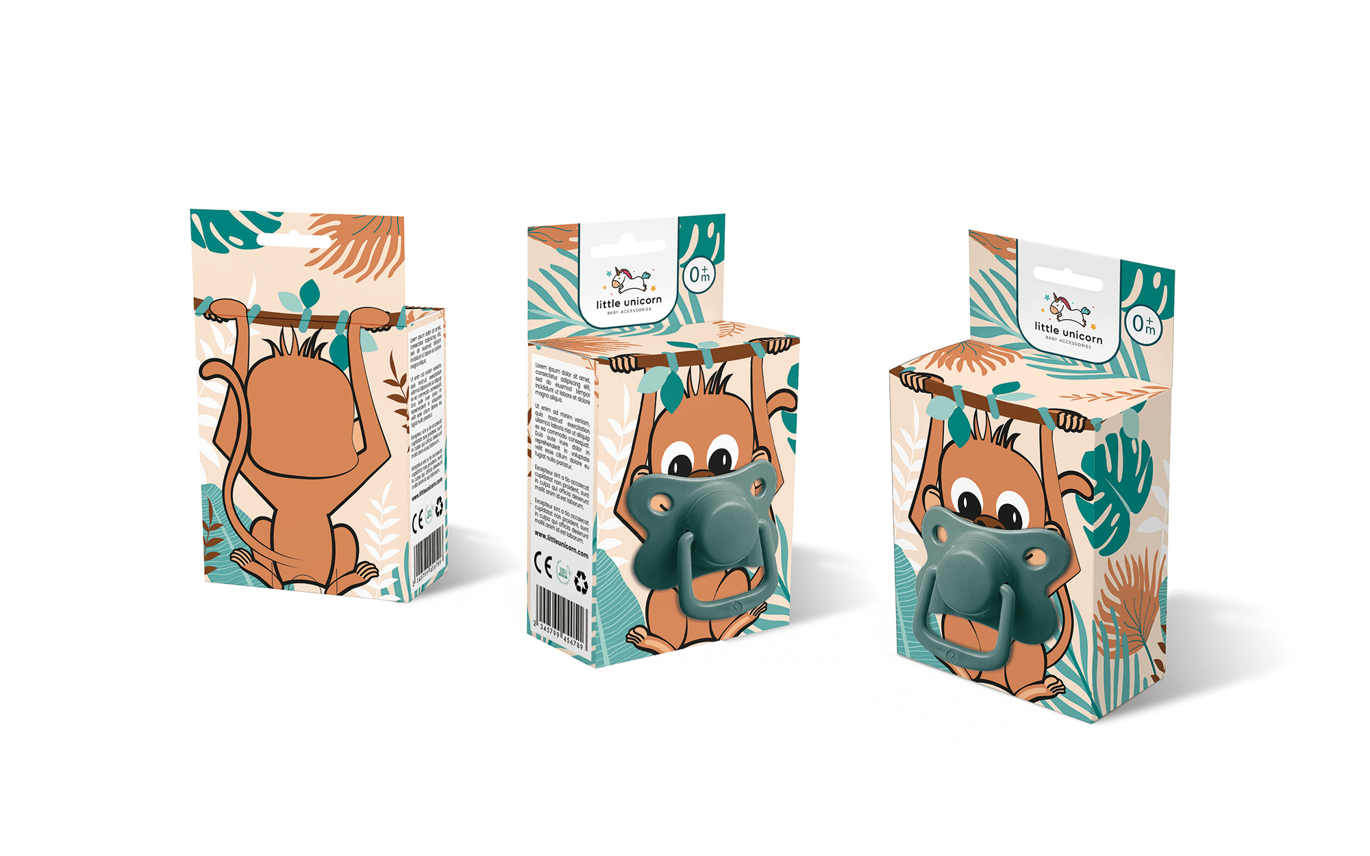 小獨角獸嬰兒奶嘴包裝設計“熊貓、長頸鹿和小猴子”插畫