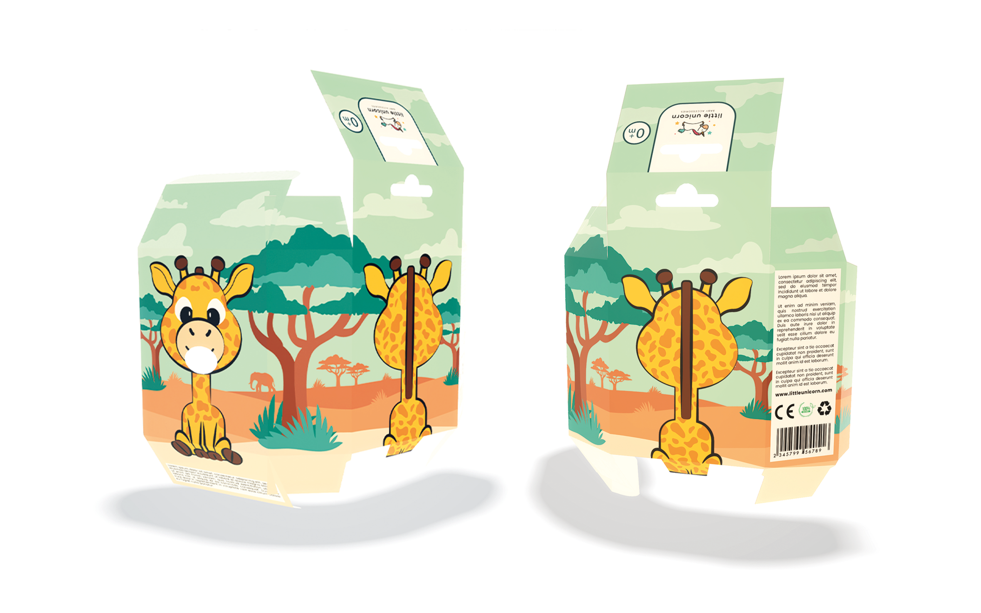 小獨角獸嬰兒奶嘴包裝設計“熊貓、長頸鹿和小猴子”插畫