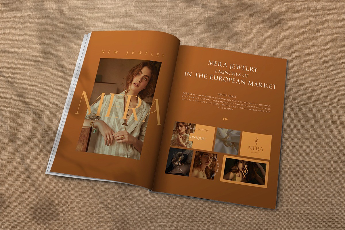 Mira Jewelry珠寶品牌logo設(shè)計視覺識別vi設(shè)計,暖黃色金色