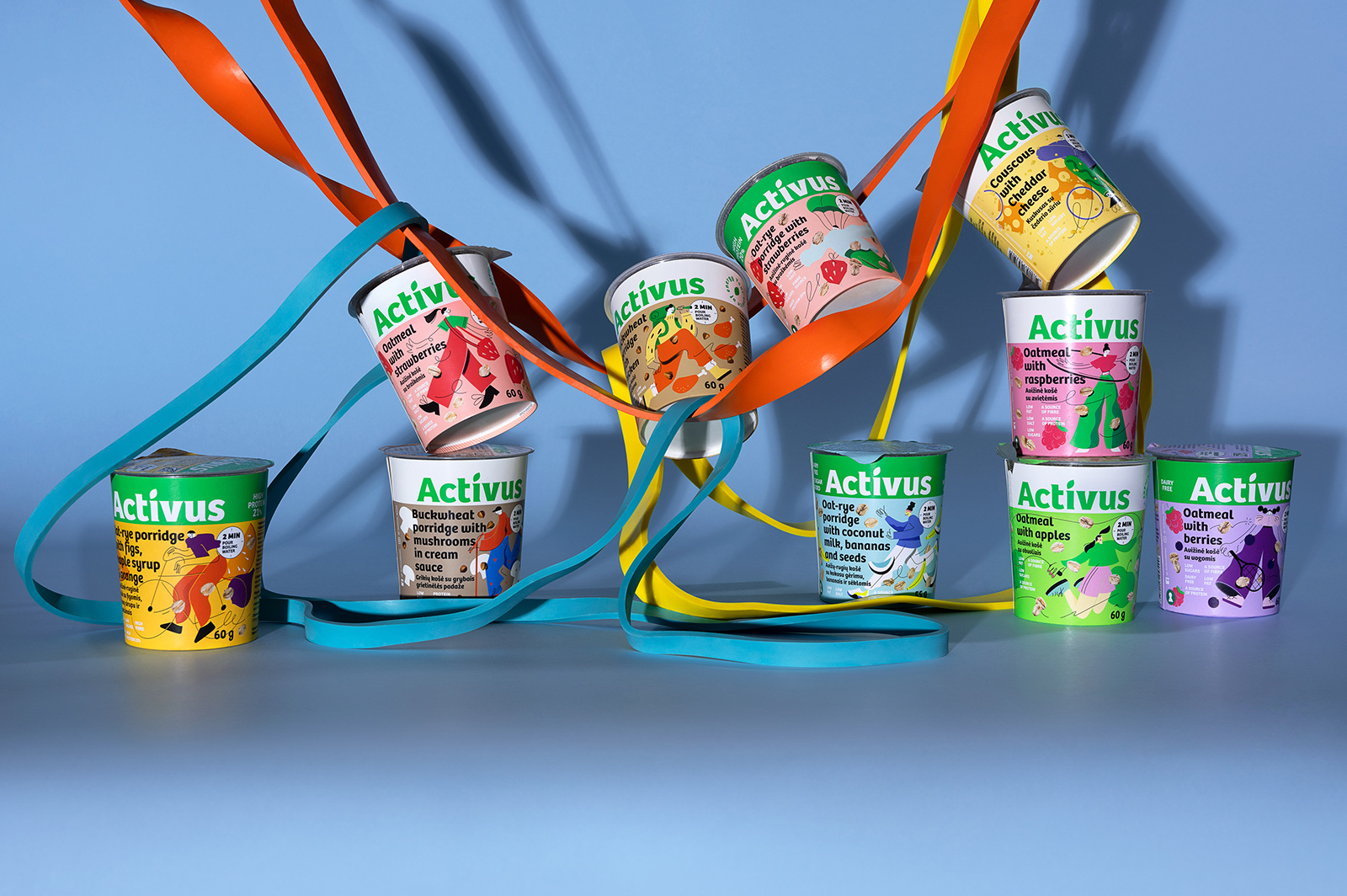 ACTIVUS 杯裝健康速食早餐午餐包裝設(shè)計，比例夸張的活力人物插畫