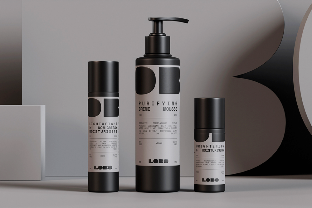 LOBO 男性有機(jī)護(hù)膚化妝品品牌logo設(shè)計(jì)包裝設(shè)計(jì)，黑灰粗體字風(fēng)格