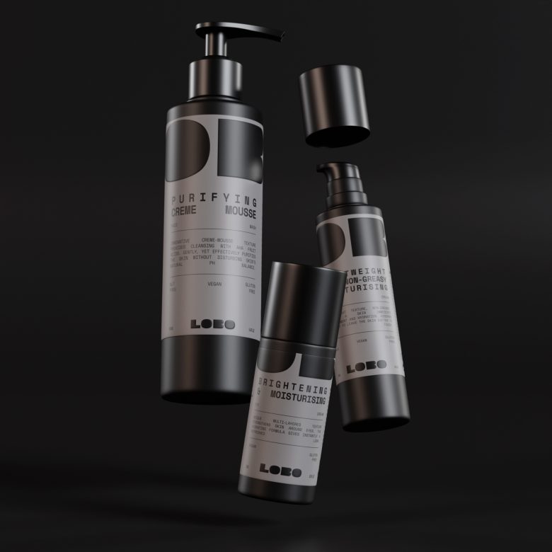 LOBO 男性有機(jī)護(hù)膚化妝品品牌logo設(shè)計(jì)包裝設(shè)計(jì)，黑灰粗體字風(fēng)格