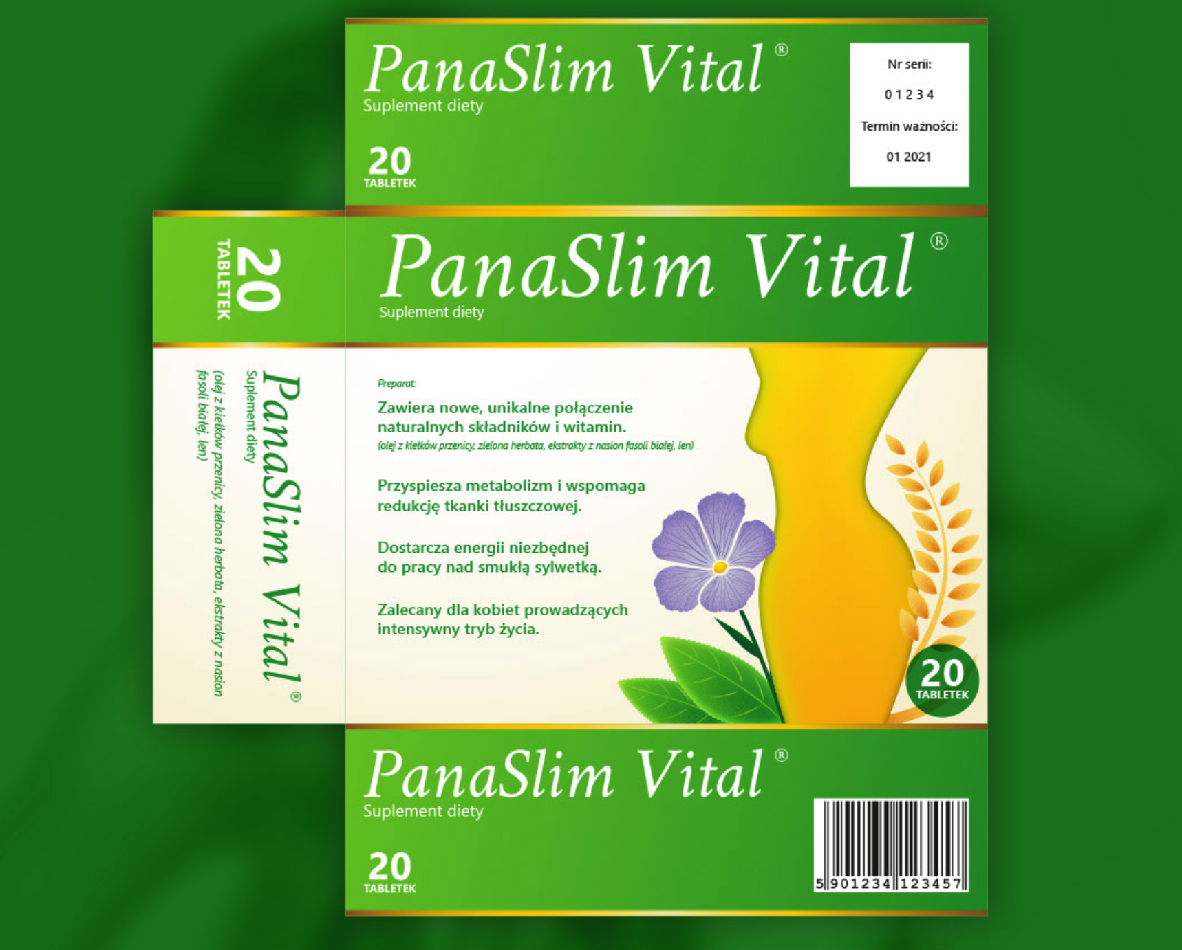 PanaSlim Vital 膳食補(bǔ)充劑減脂藥減肥藥品包裝設(shè)計(jì)，苗條身材剪影+草本植物花卉插圖