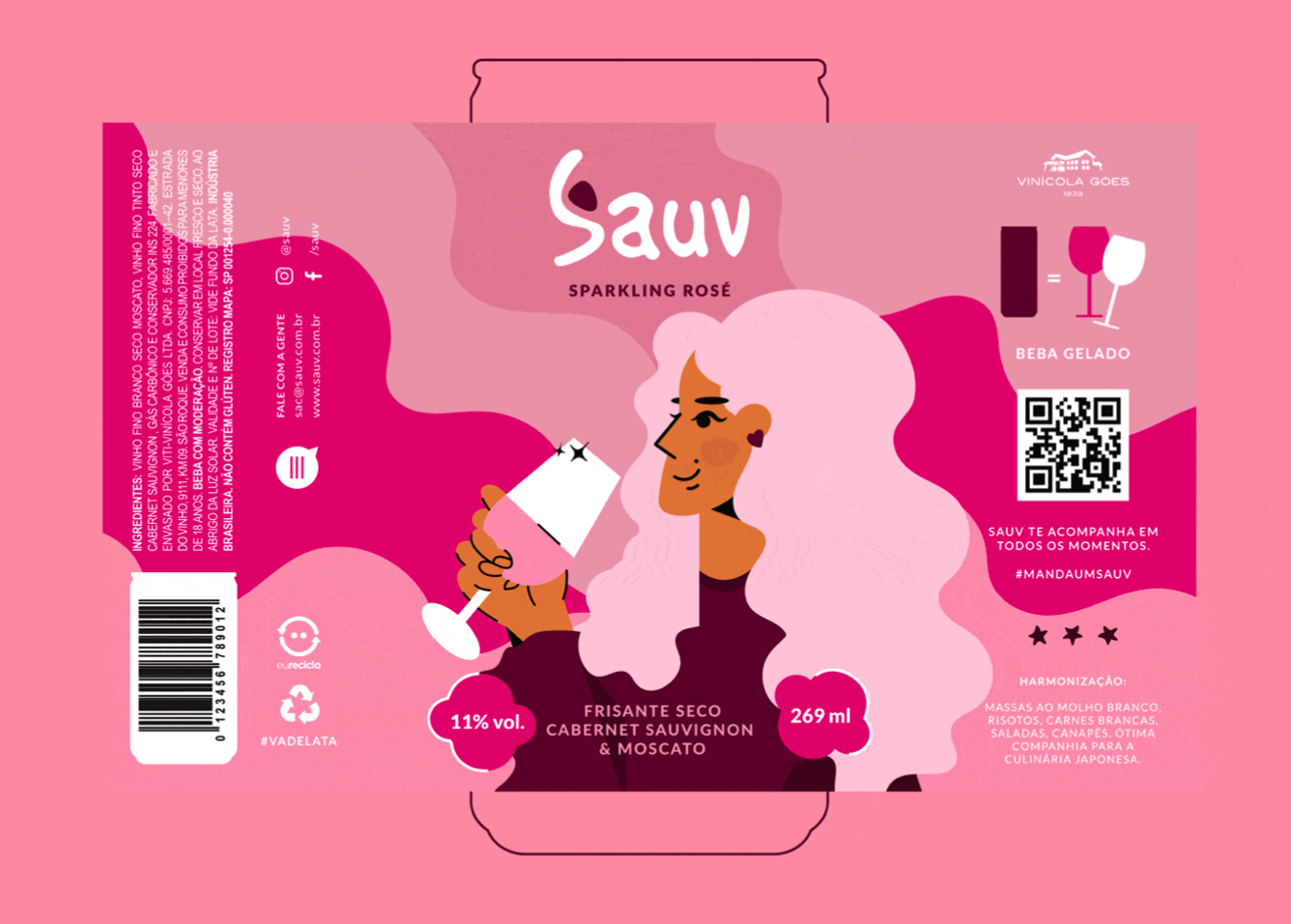 Sauv罐裝葡萄酒標(biāo)簽包裝設(shè)計和時尚人物插圖，開發(fā)年輕人更廣泛日常使用場景