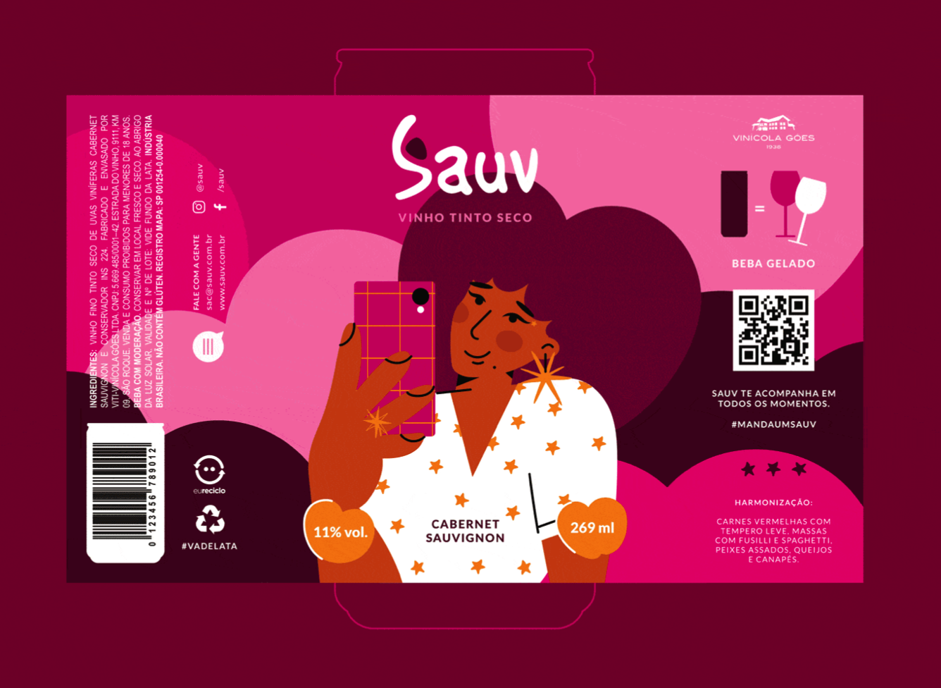 Sauv罐裝葡萄酒標(biāo)簽包裝設(shè)計和時尚人物插圖，開發(fā)年輕人更廣泛日常使用場景