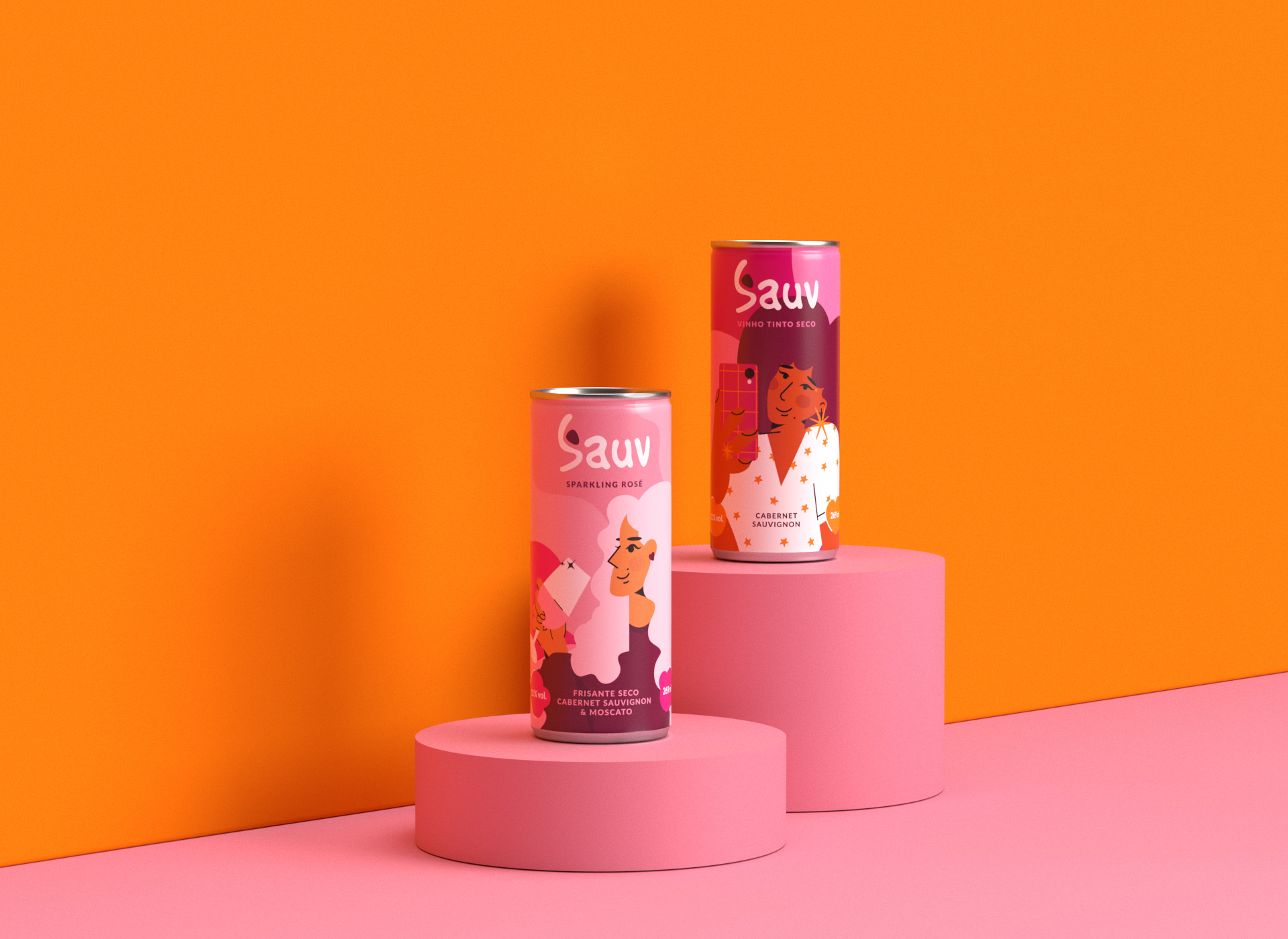 Sauv罐裝葡萄酒標(biāo)簽包裝設(shè)計和時尚人物插圖，開發(fā)年輕人更廣泛日常使用場景