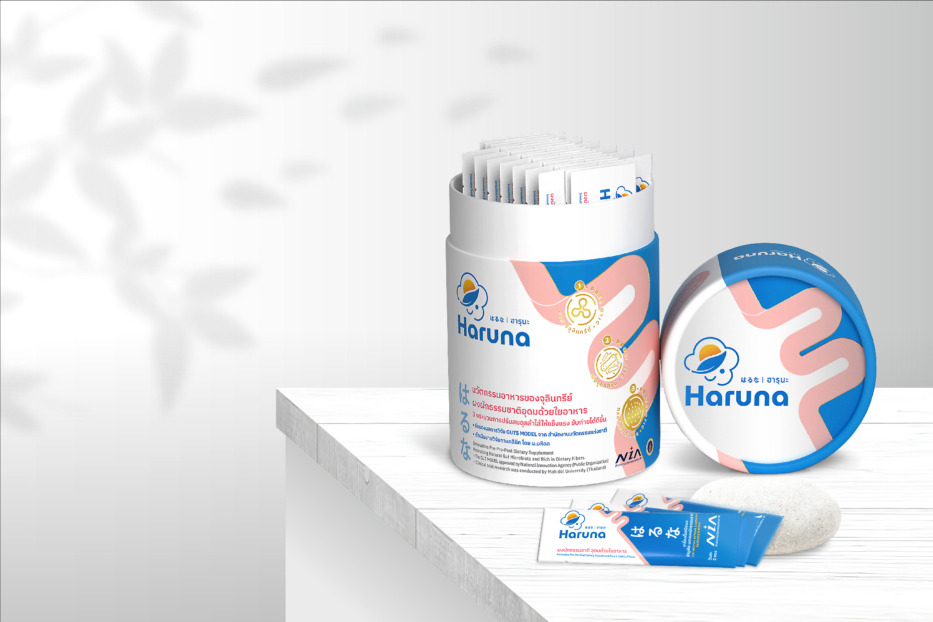 Haruna 益生菌品牌logo設(shè)計包裝設(shè)計，太陽云葉人臉象征logo與三段腸道包裝