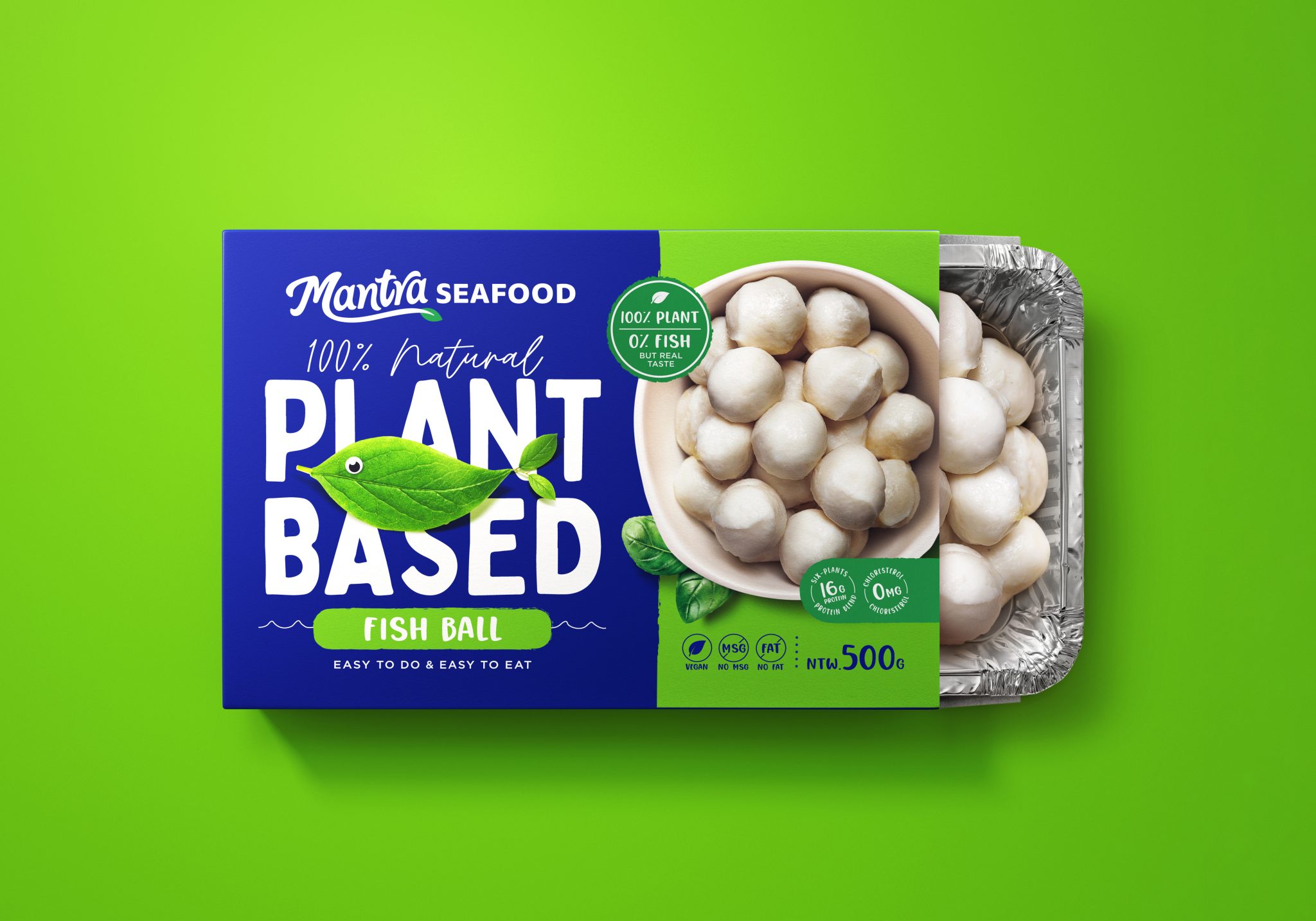 Mantra植物基素食海鮮食品包裝設(shè)計(jì)，藍(lán)色品牌識(shí)別+植物葉子海洋生物