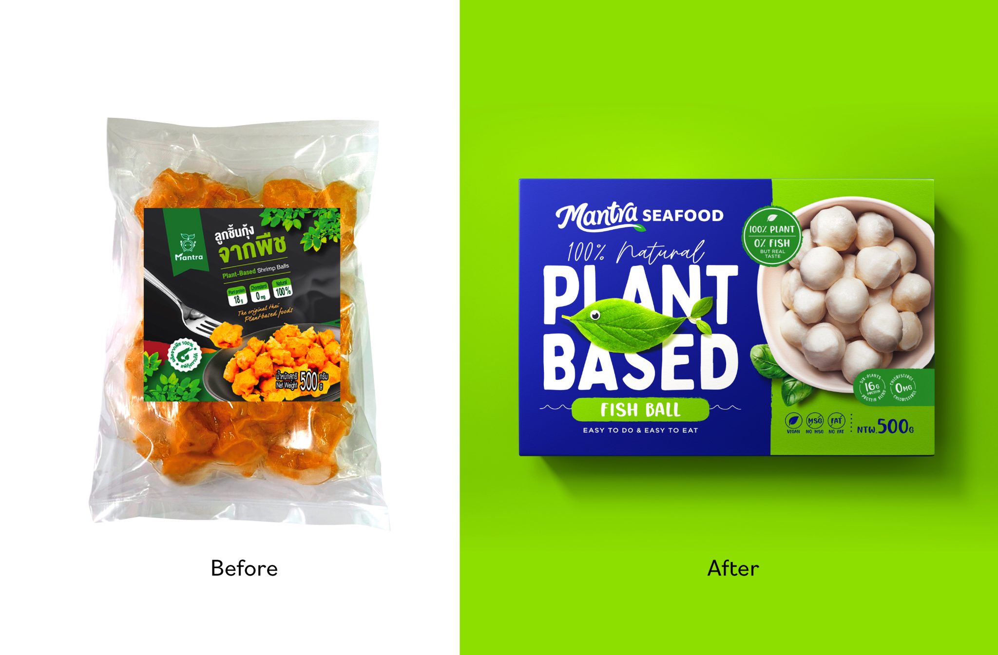 Mantra植物基素食海鮮食品包裝設(shè)計(jì)，藍(lán)色品牌識(shí)別+植物葉子海洋生物
