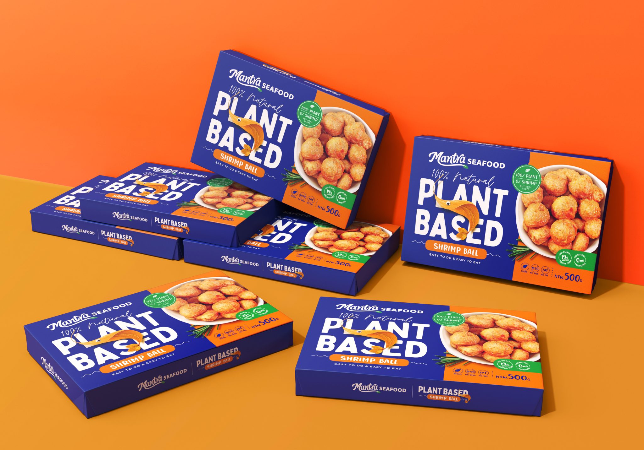 Mantra植物基素食海鮮食品包裝設(shè)計(jì)，藍(lán)色品牌識(shí)別+植物葉子海洋生物