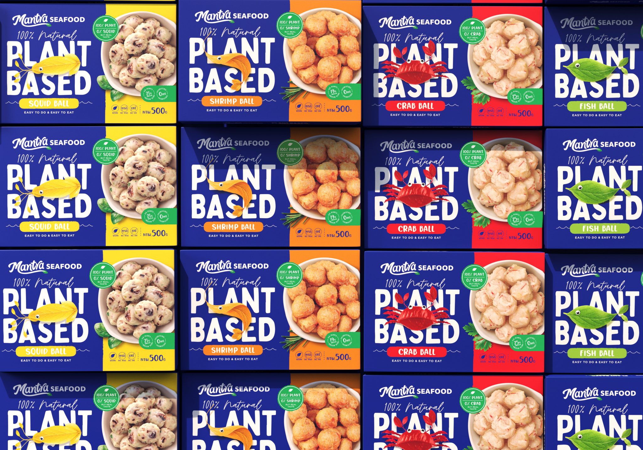Mantra植物基素食海鮮食品包裝設(shè)計(jì)，藍(lán)色品牌識(shí)別+植物葉子海洋生物