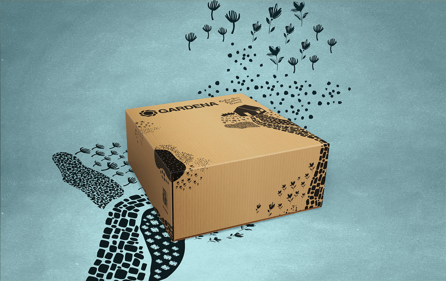 園藝工具領(lǐng)導(dǎo)者Gardena快遞產(chǎn)品瓦楞紙包裝盒設(shè)計(jì)，花園鮮花灌木叢小路小房子插畫