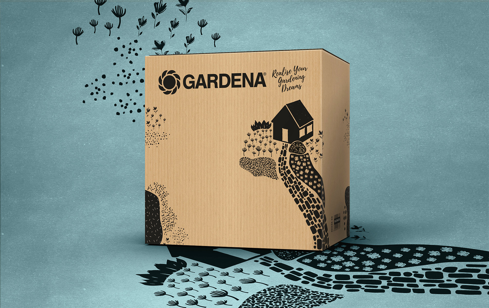 園藝工具領(lǐng)導(dǎo)者Gardena快遞產(chǎn)品瓦楞紙包裝盒設(shè)計(jì)，花園鮮花灌木叢小路小房子插畫