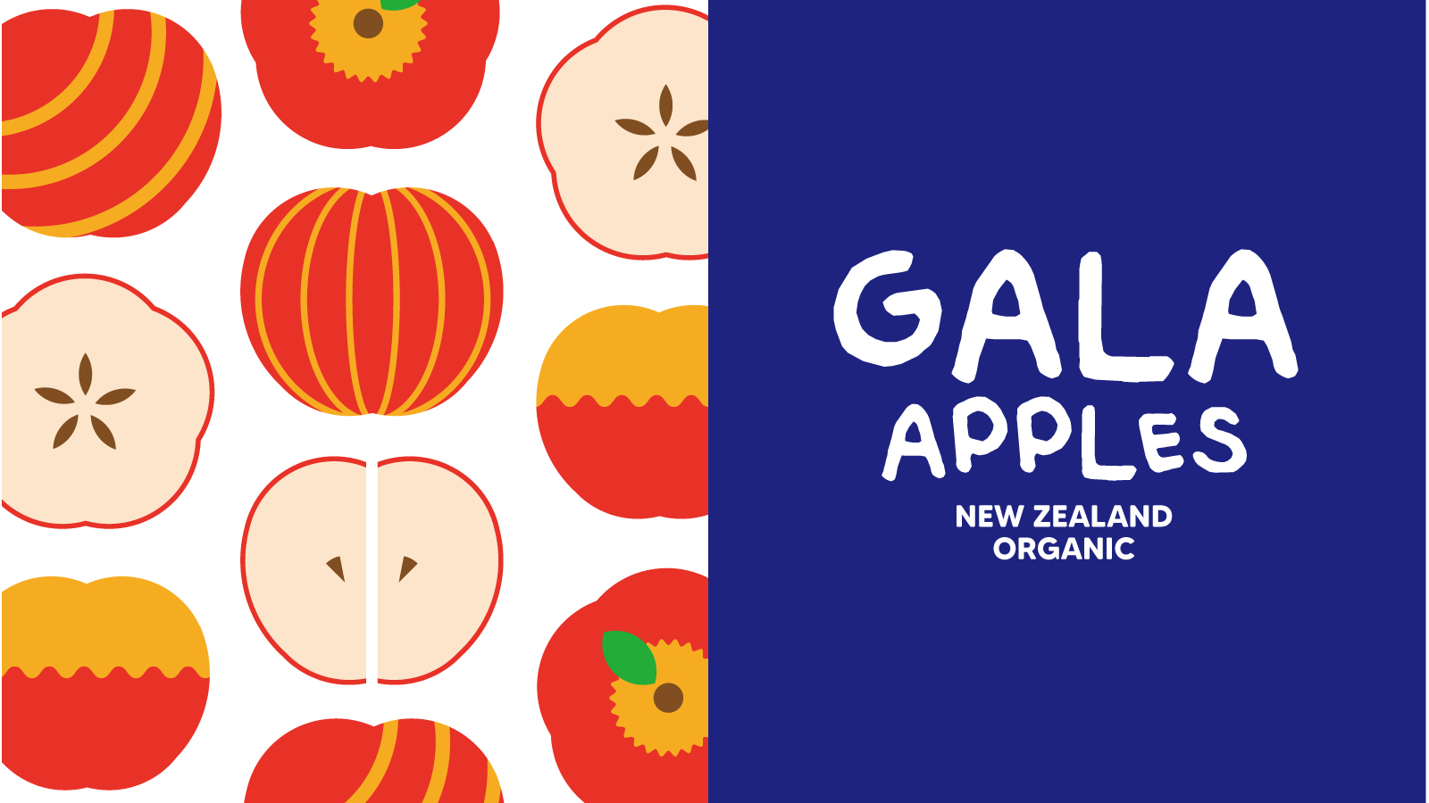 GALA 新西蘭有機(jī)蘋果節(jié)慶敞開式包裝盒設(shè)計(jì)，新西蘭國旗色+扁平圖標(biāo)組合