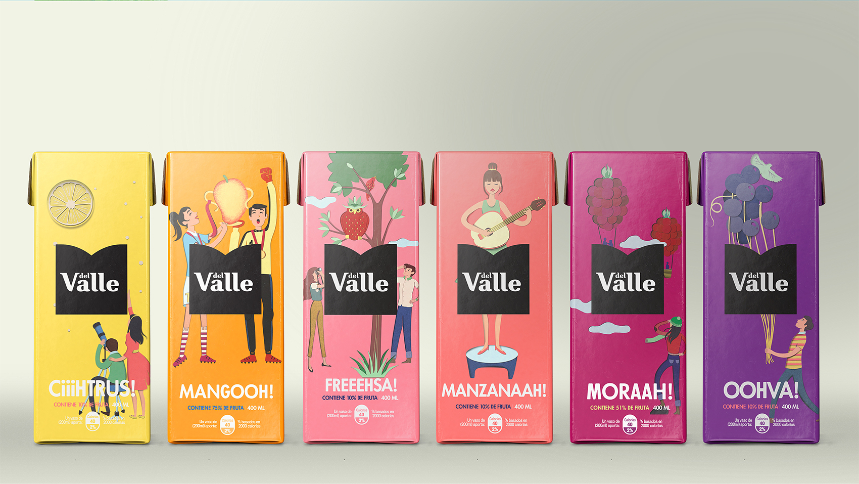 DEL VALLE 果汁包裝設(shè)計(jì)，少男少女+水果場景創(chuàng)意插畫