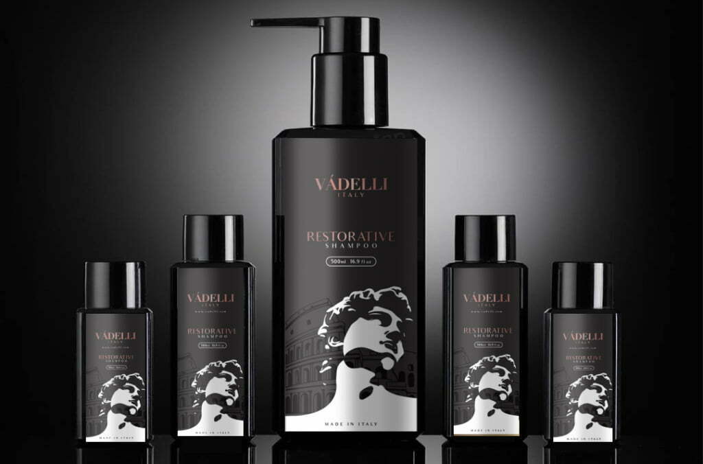 VADELLIE男士洗發(fā)水包裝設(shè)計(jì)，男士石膏雕塑黑白光影插畫-上海包裝設(shè)計(jì)公司