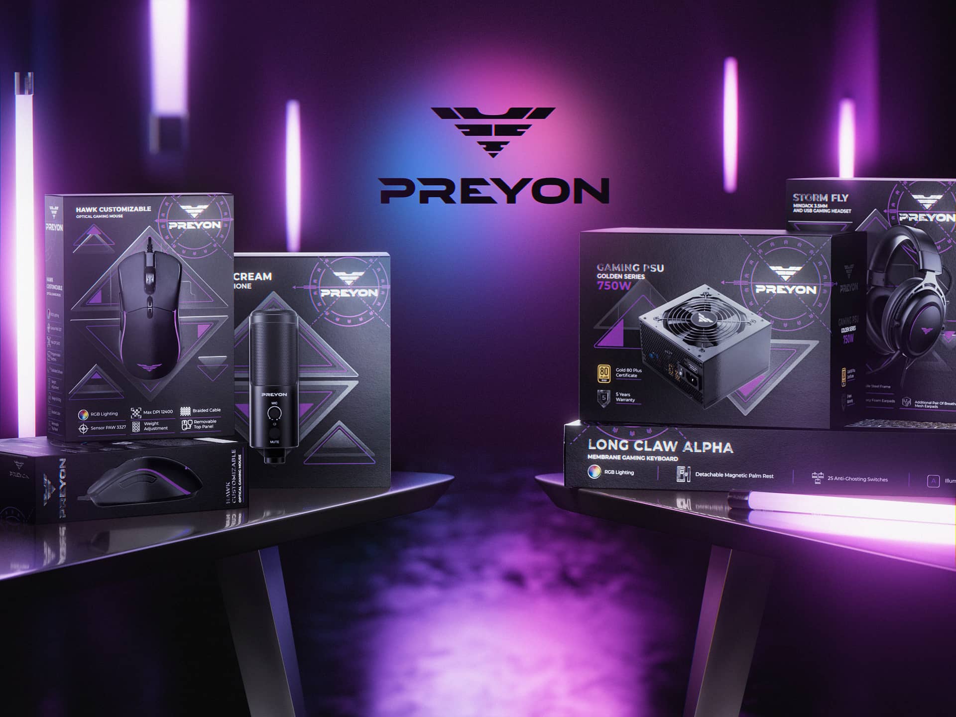 Preyon電腦游戲裝備品牌創(chuàng)建-品牌起名logo設(shè)計包裝設(shè)計，軍事美學(xué)風(fēng)格