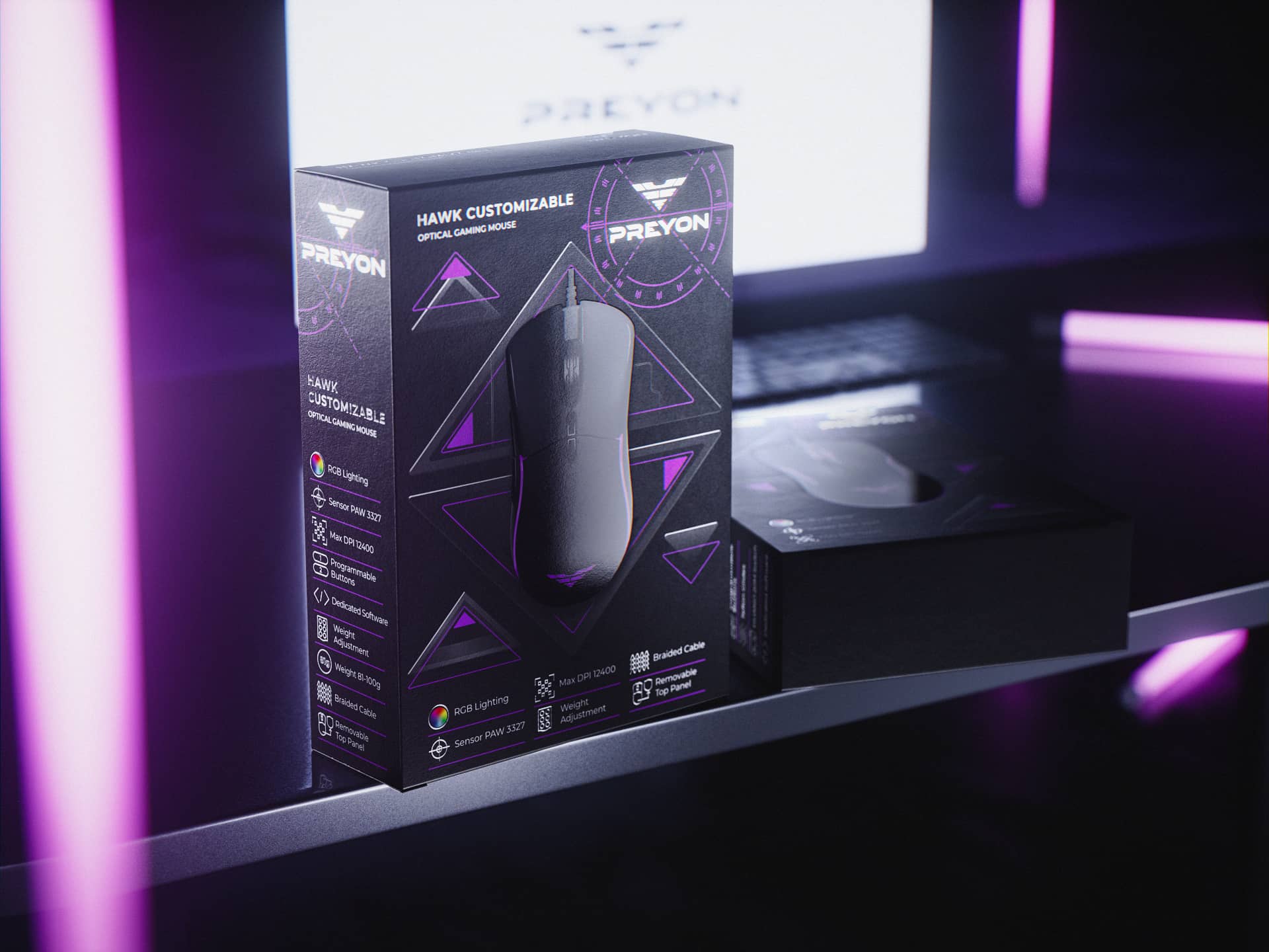 Preyon電腦游戲裝備品牌創(chuàng)建-品牌起名logo設(shè)計包裝設(shè)計，軍事美學(xué)風(fēng)格