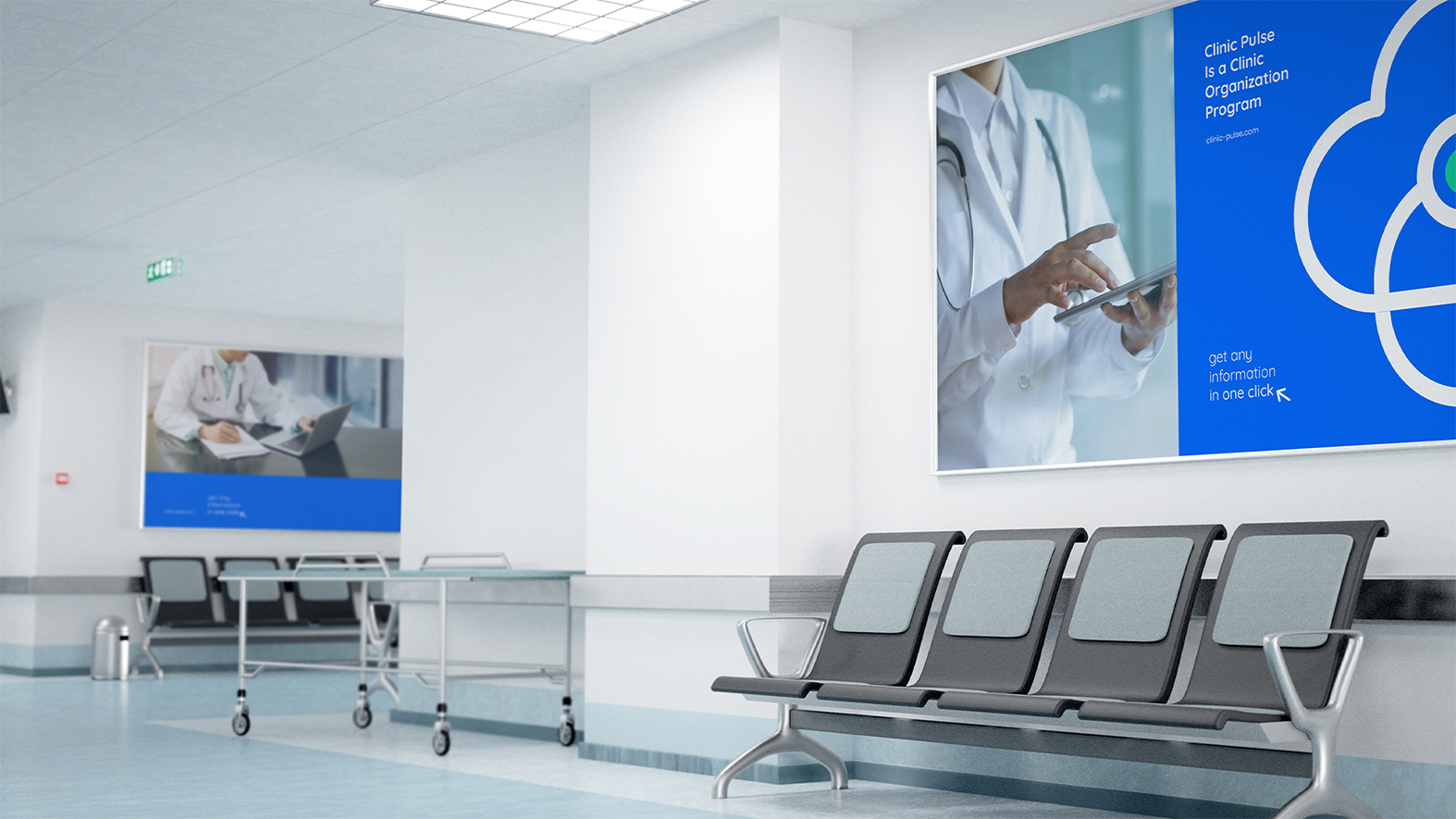 Clinic診所醫(yī)療管理軟件品牌 logo設計，心臟、紅十字會徽章和聽診器