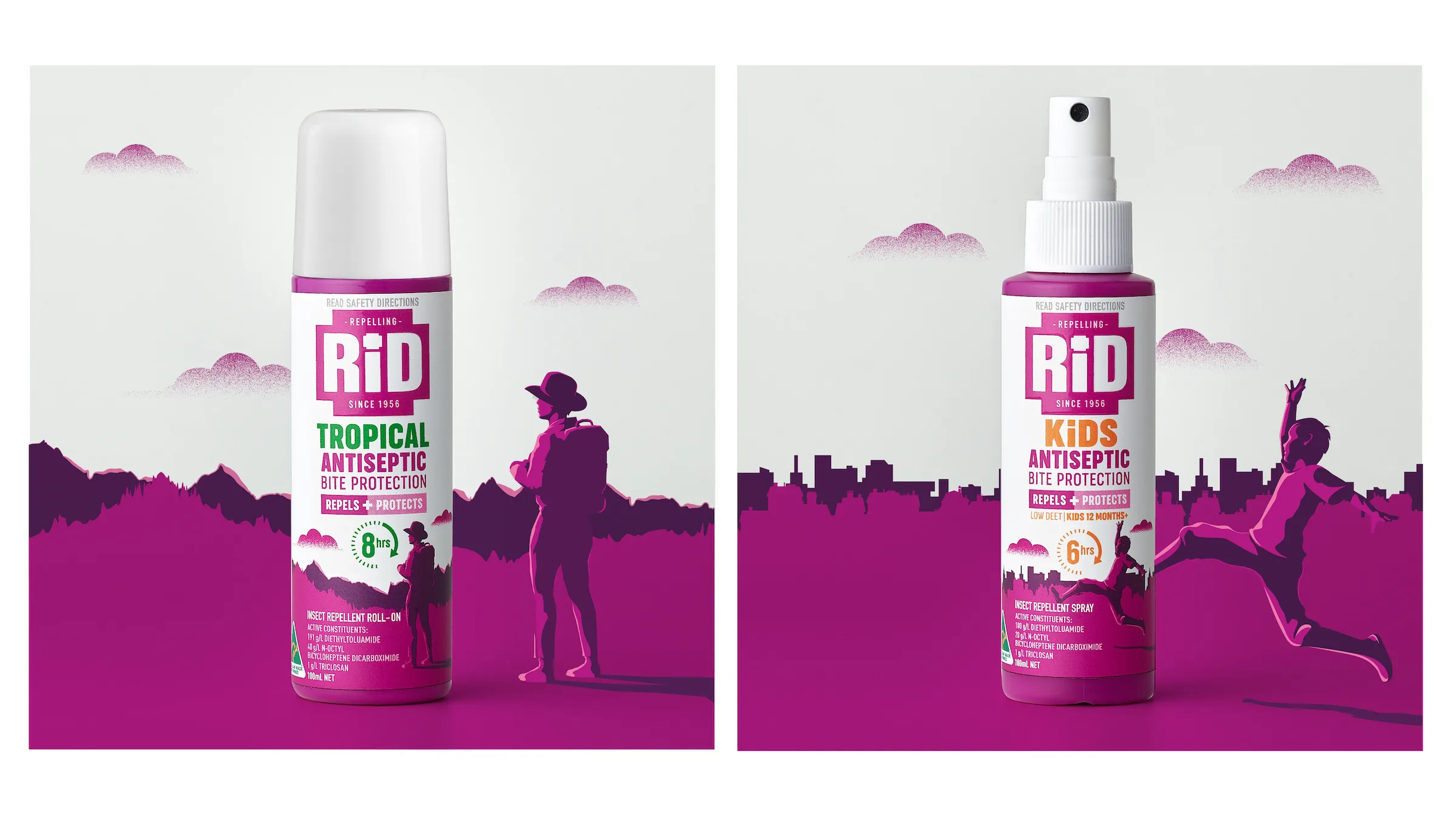 RiD驅(qū)蟲劑驅(qū)蚊劑品牌包裝更新設(shè)計，突出醫(yī)療醫(yī)藥屬性與戶外使用場景的紫色風(fēng)格