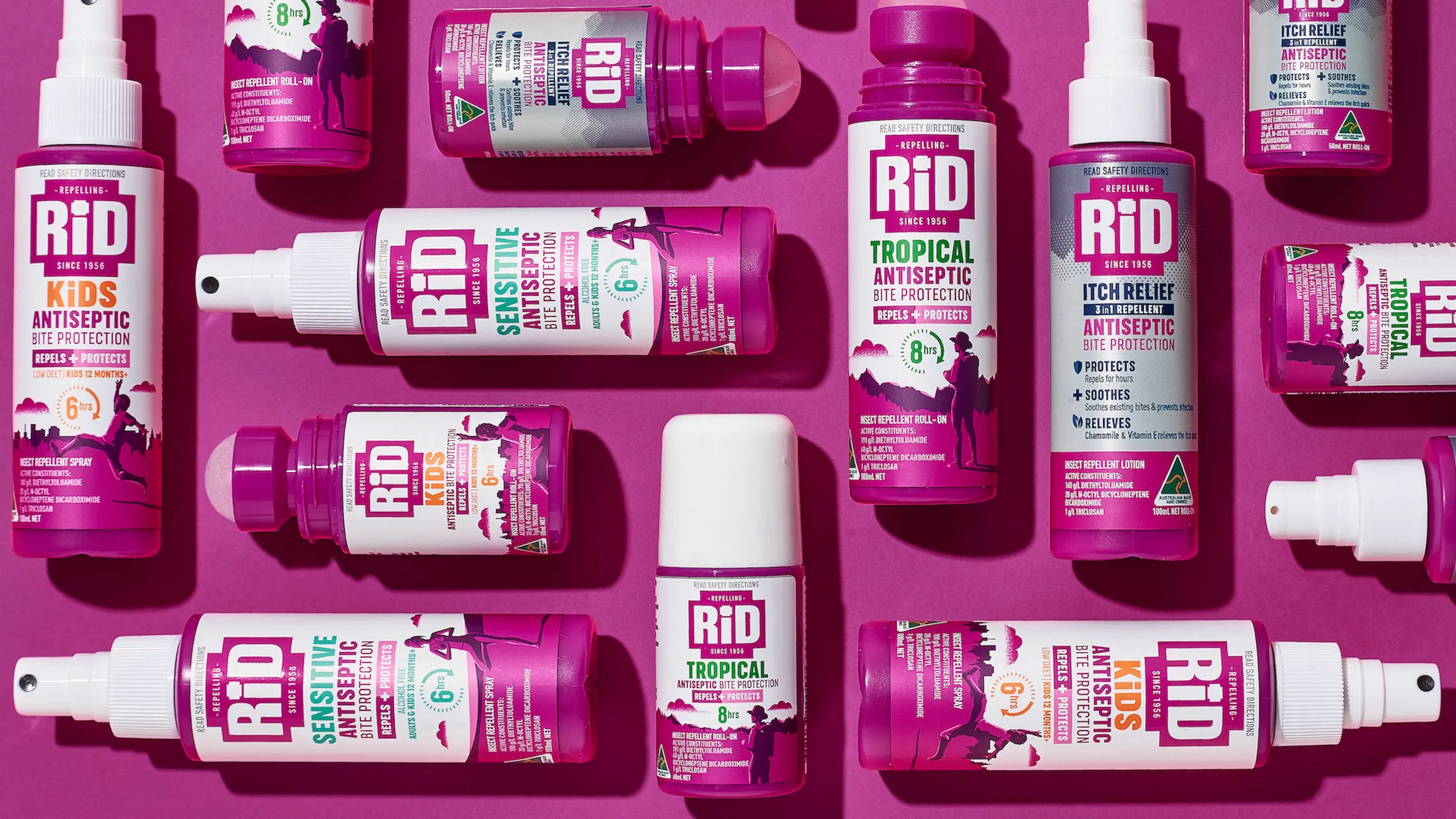 RiD驅(qū)蟲劑驅(qū)蚊劑品牌包裝更新設(shè)計，突出醫(yī)療醫(yī)藥屬性與戶外使用場景的紫色風(fēng)格