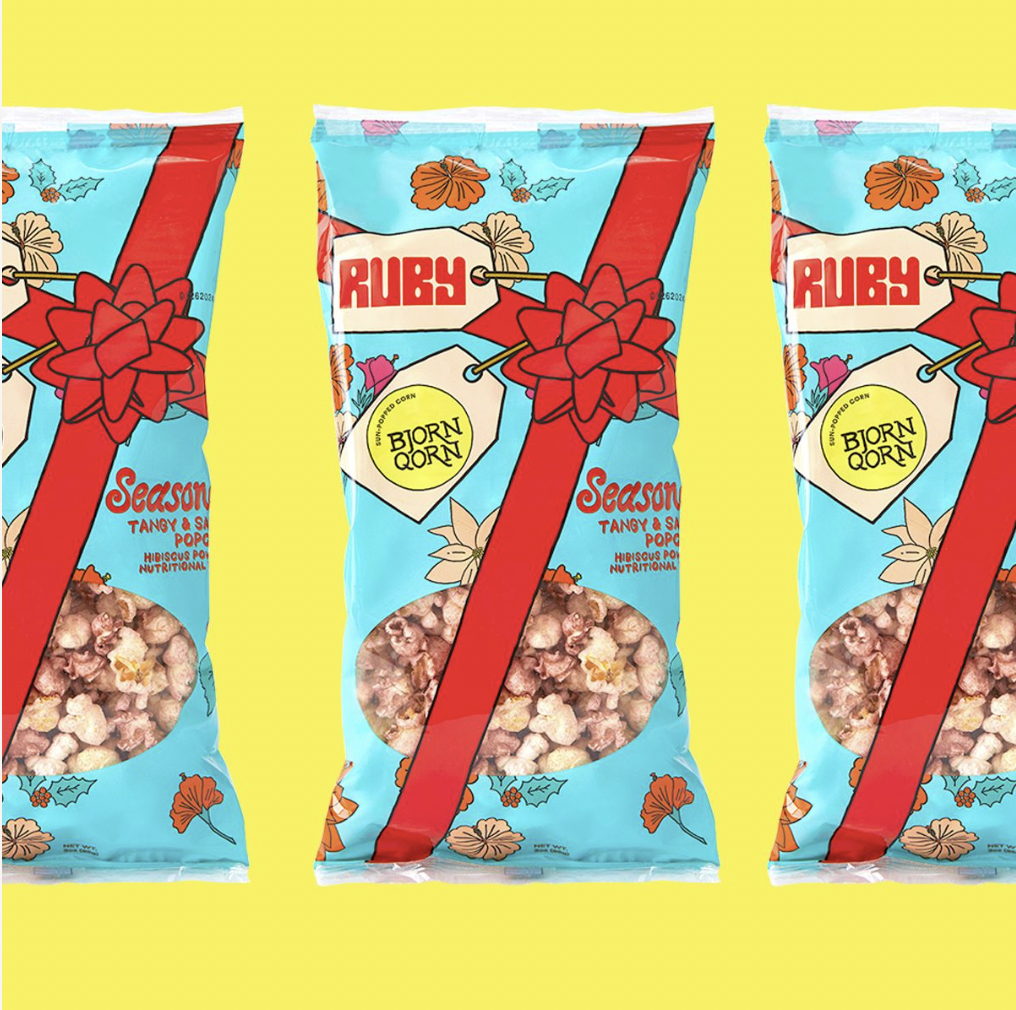 Ruby和BjornQorn 聯(lián)合品牌節(jié)日爆米花包裝設(shè)計(jì)，節(jié)日彩帶元素
