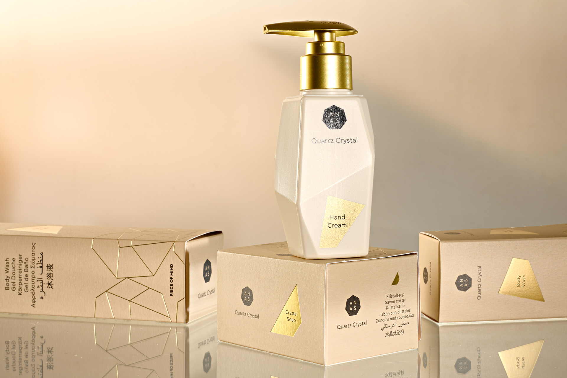 ANAS 化妝品金色包裝設(shè)計(jì)，天然和精制水晶石英配方&設(shè)計(jì)元素