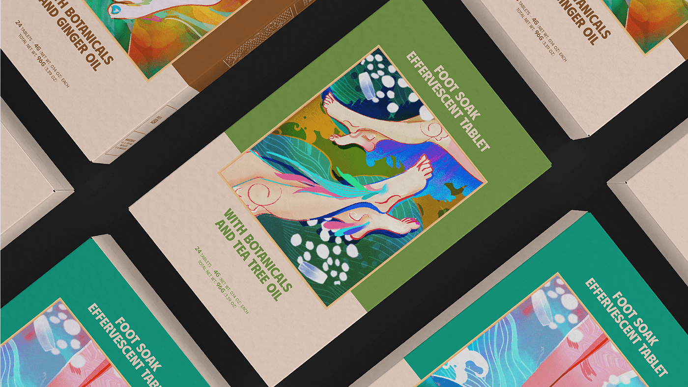 TABLETS 生姜精油泡騰片足浴包包裝設(shè)計(jì)，虛實(shí)結(jié)合的腳部與草本插畫(huà)