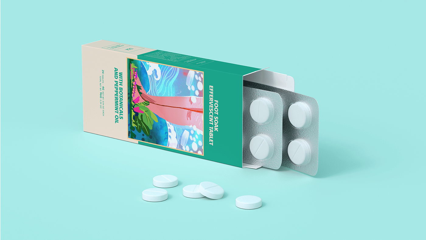 TABLETS 生姜精油泡騰片足浴包包裝設(shè)計(jì)，虛實(shí)結(jié)合的腳部與草本插畫(huà)