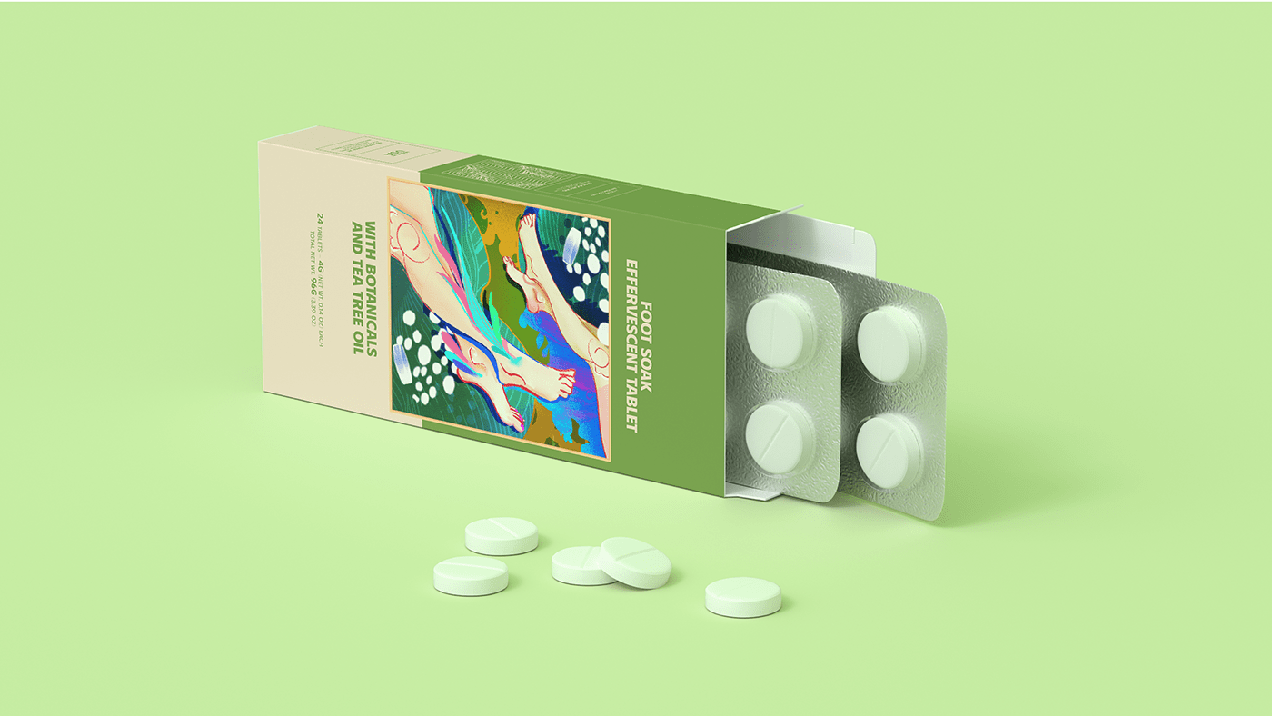 TABLETS 生姜精油泡騰片足浴包包裝設(shè)計(jì)，虛實(shí)結(jié)合的腳部與草本插畫(huà)