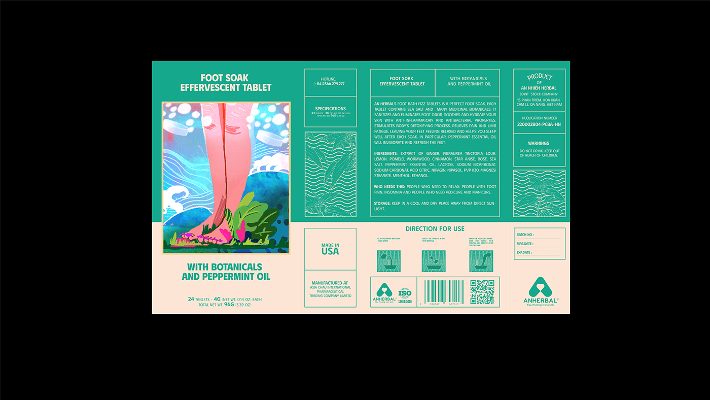 TABLETS 生姜精油泡騰片足浴包包裝設(shè)計(jì)，虛實(shí)結(jié)合的腳部與草本插畫(huà)